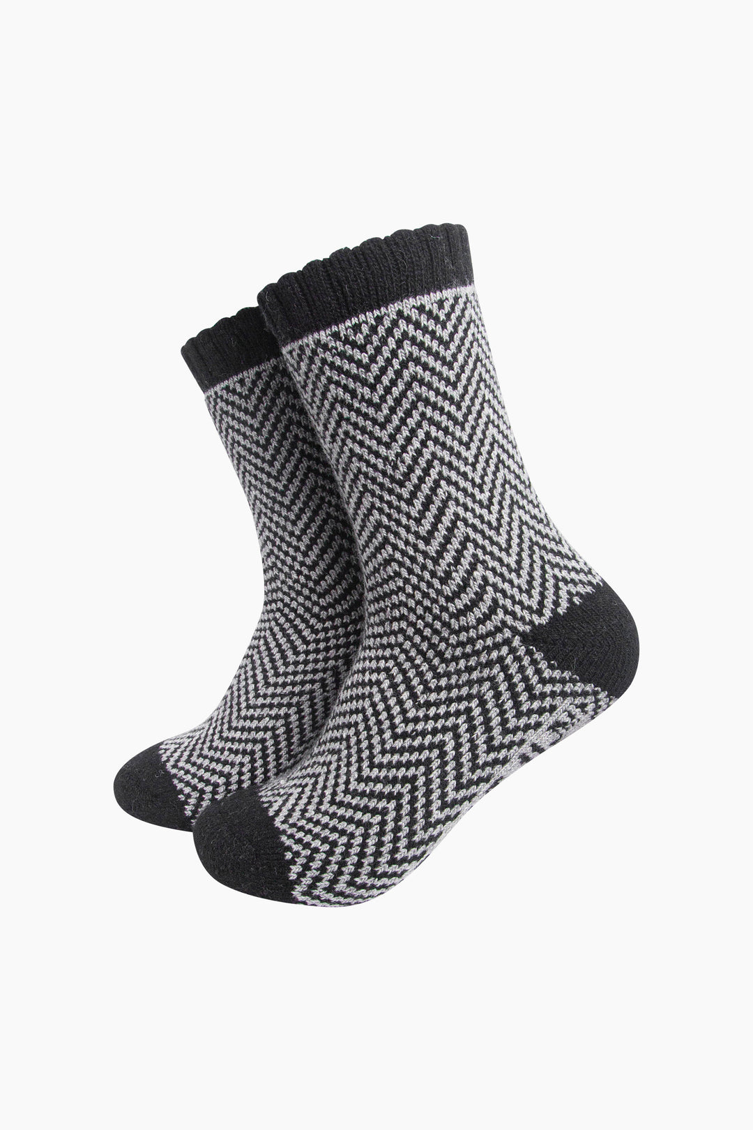 Chevron-Patterned-Wool-Socks-in-Grey/Black-On-Mannequin