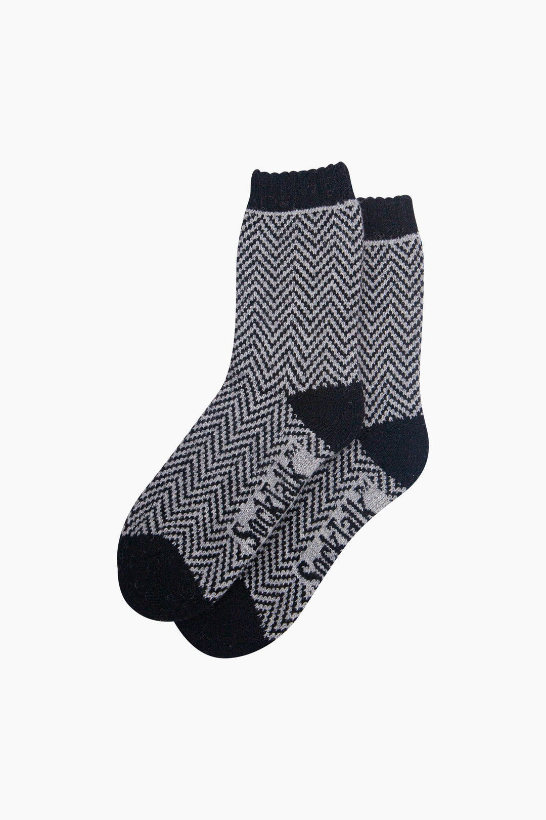 Chevron-Patterned-Wool-Socks-in-Grey/Black-Laid-Flat