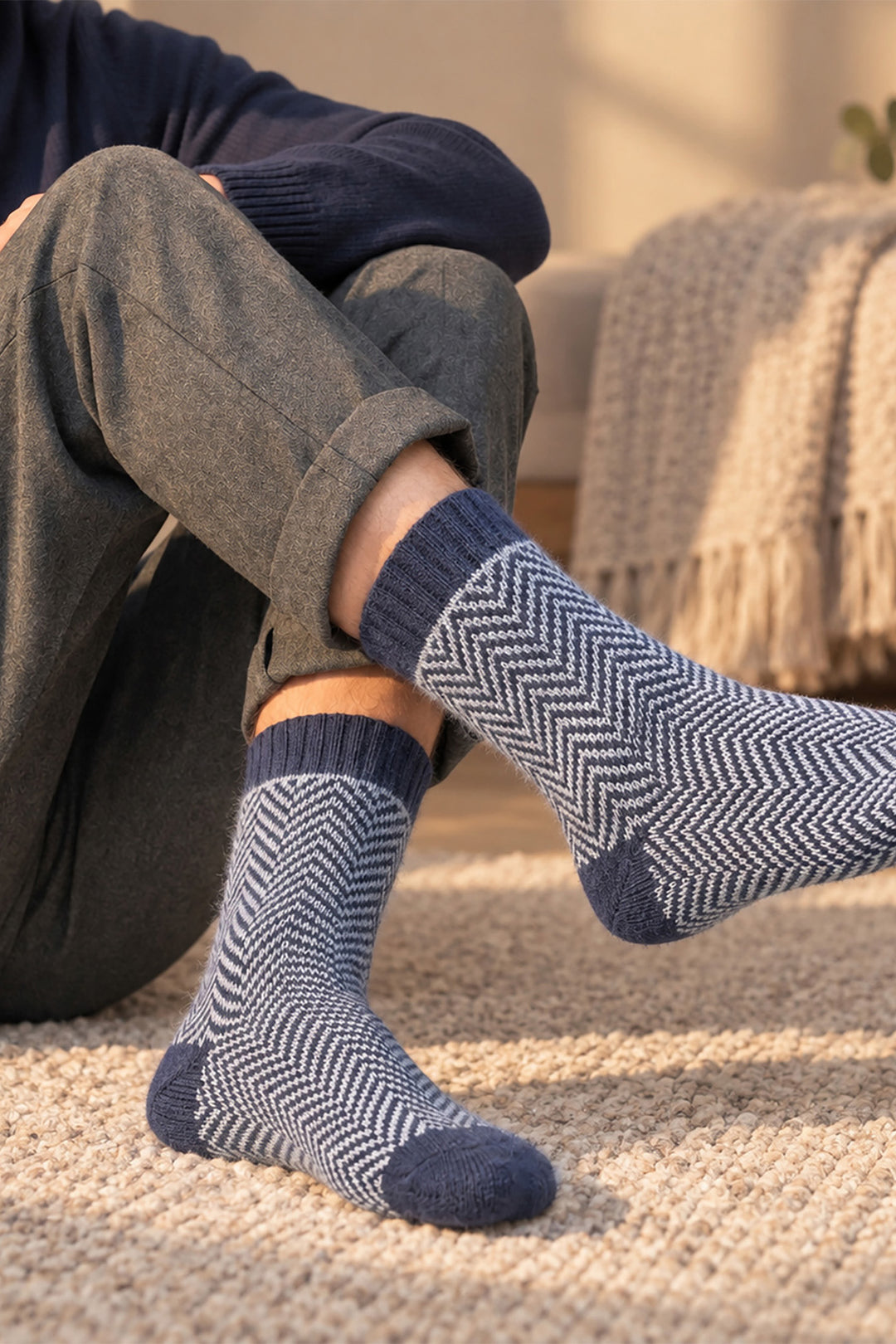Chevron-Patterned-Wool-Socks-in-Denim-Blue