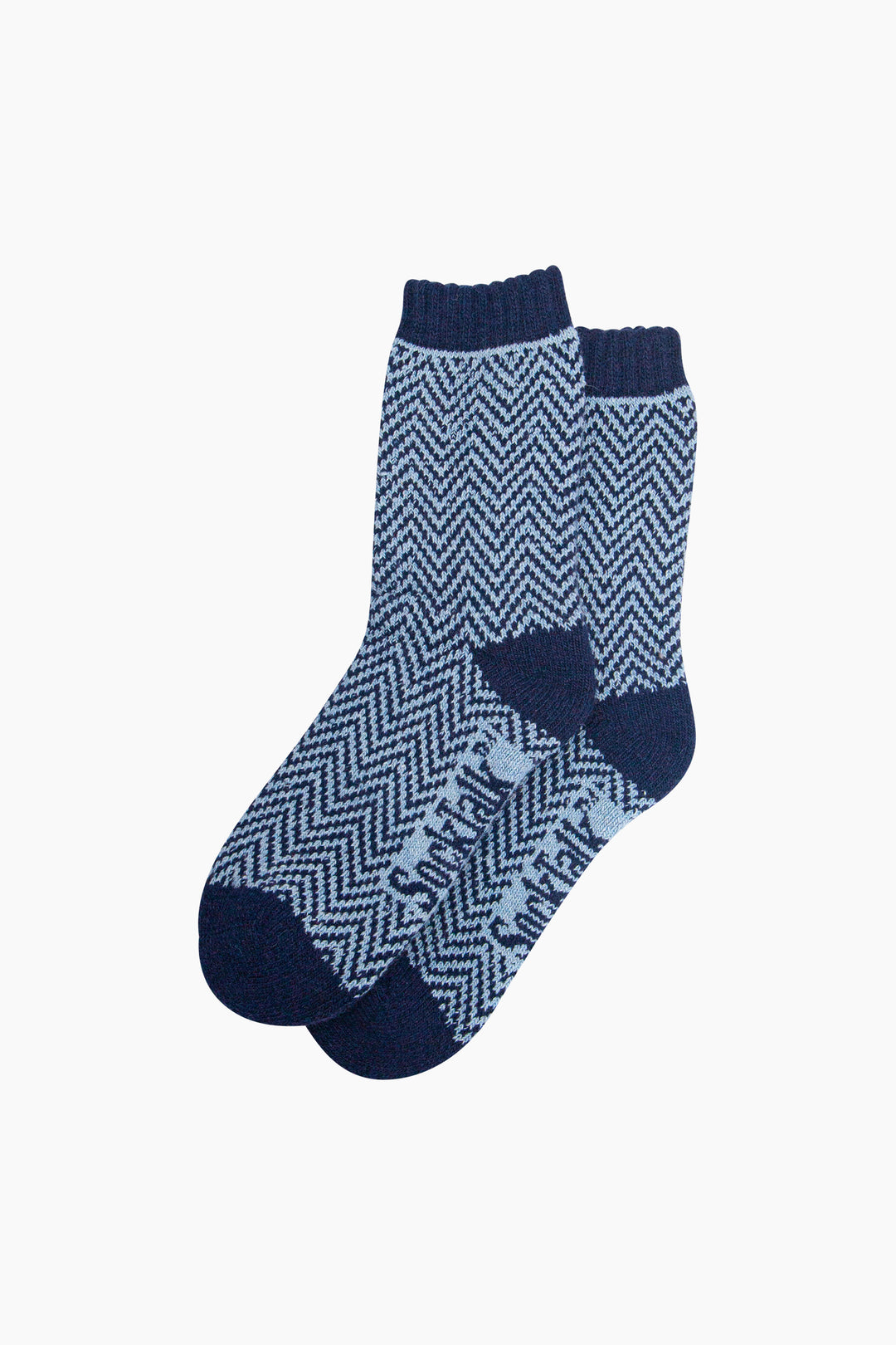 Chevron-Patterned-Wool-Socks-in-Denim-Blue-Laid-Flat
