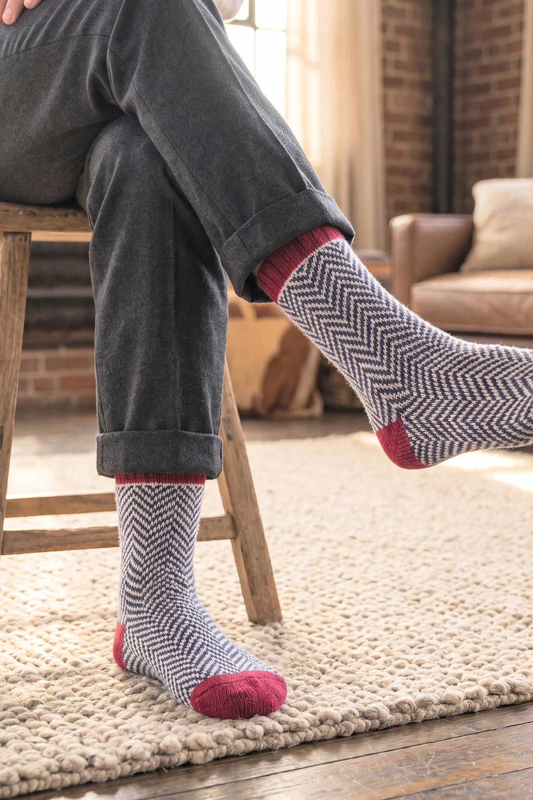 Stag-Patterned-Wool-Socks-in-Navy-Blue/Red