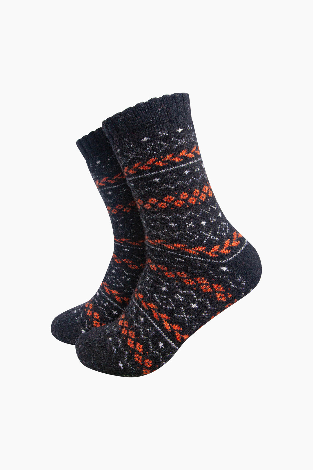 Fair-Isle-Patterned-Wool-Socks-in-Black/Orange-On-Mannequin