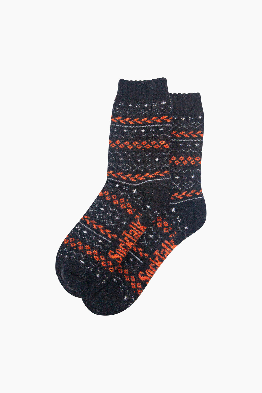 Fair-Isle-Patterned-Wool-Socks-in-Black/Orange-Laid-Flat