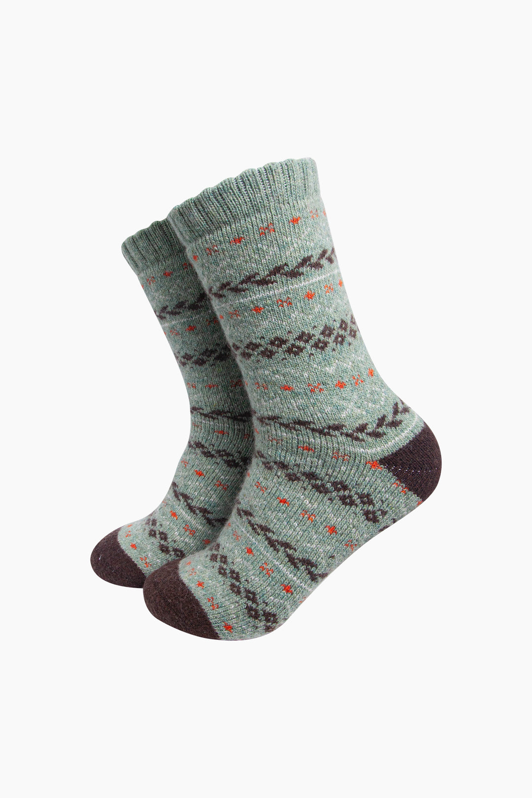 Fair-Isle-Patterned-Wool-Socks-in-Green/Brown-On-Mannequin