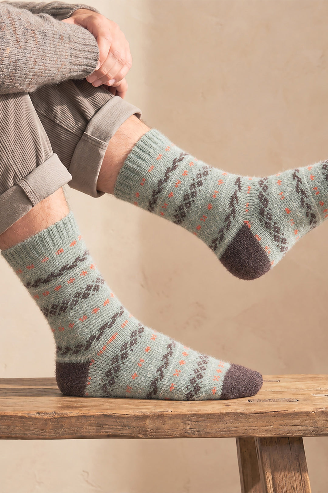 Fair-Isle-Patterned-Wool-Socks-in-Green/Brown