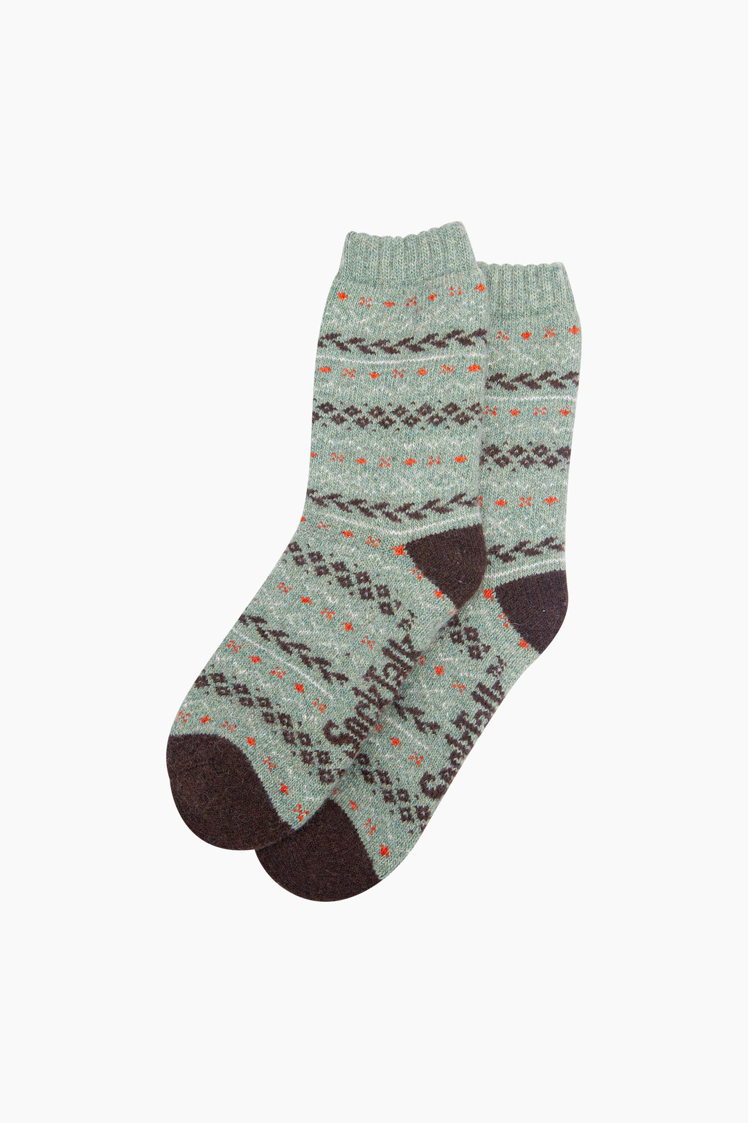 Fair-Isle-Patterned-Wool-Socks-in-Green/Brown-Laid-Flat