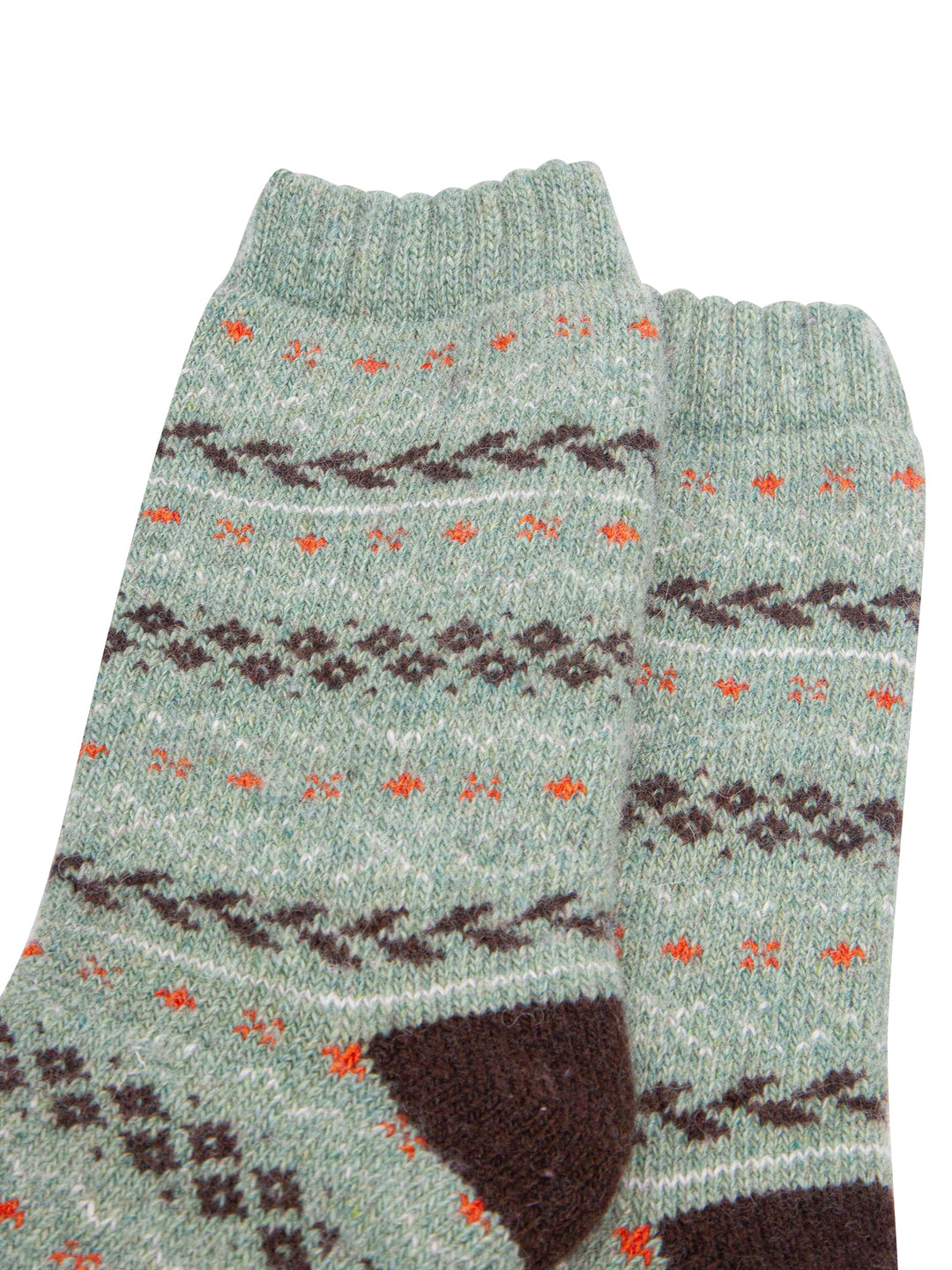 Fair-Isle-Patterned-Wool-Socks-in-Green/Brown-Close-Up