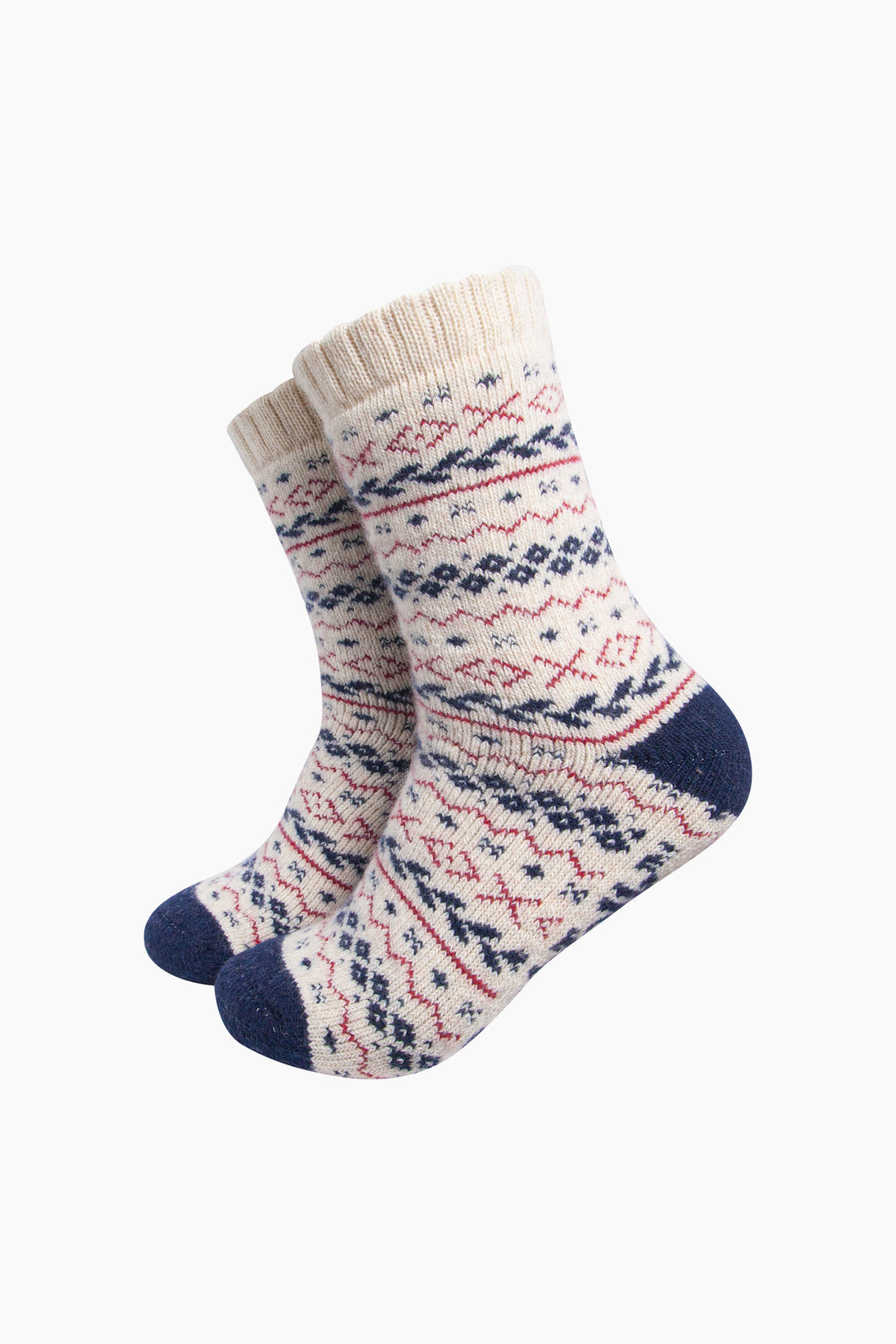 Fair-Isle-Patterned-Wool-Socks-in-Cream/Navy/Red-On-Mannequin