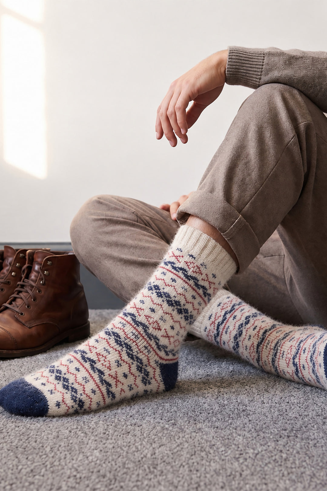 Fair-Isle-Patterned-Wool-Socks-in-Cream/Navy/Red