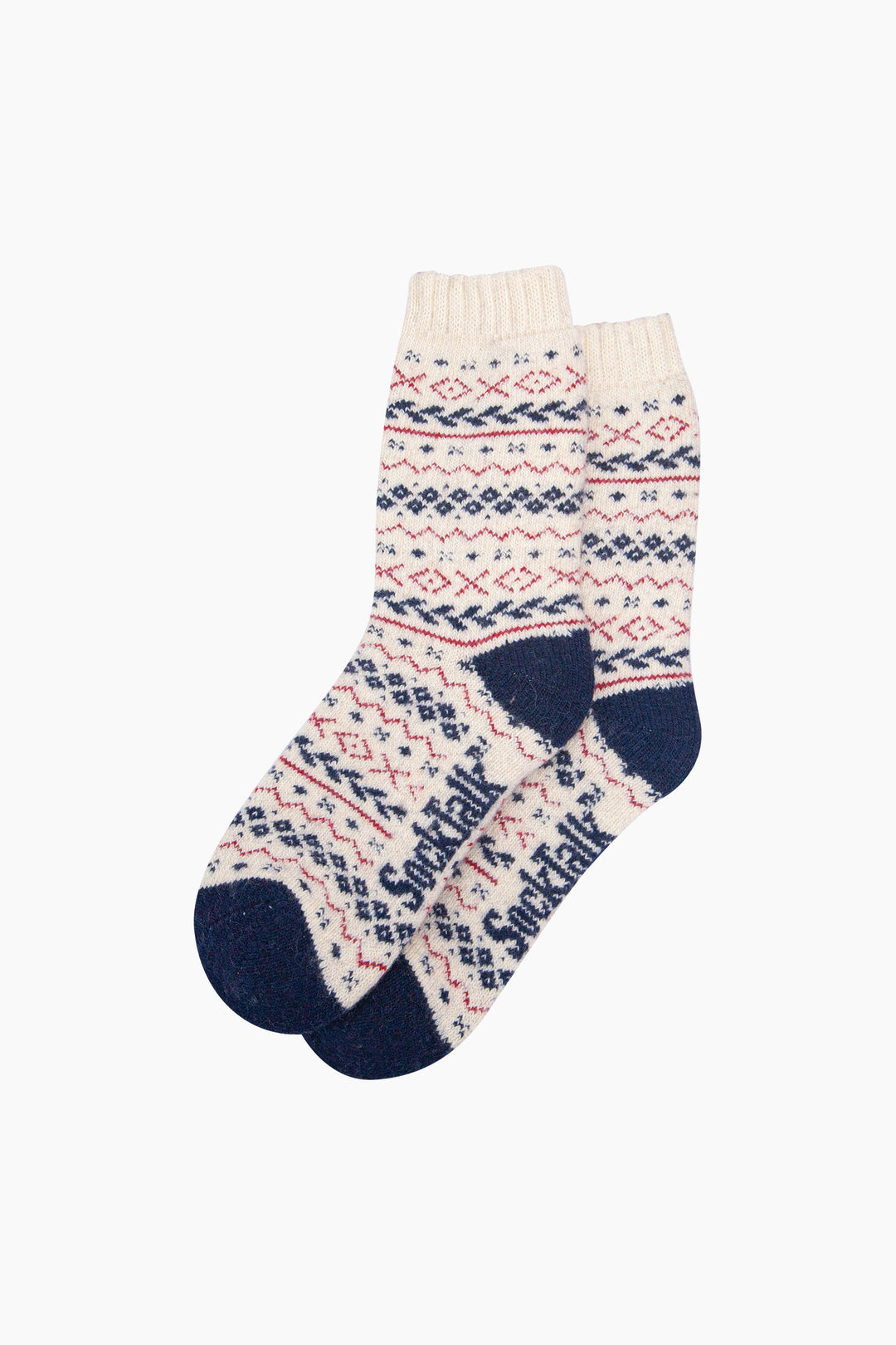 Fair-Isle-Patterned-Wool-Socks-in-Cream/Navy/Red-Laid-Flat