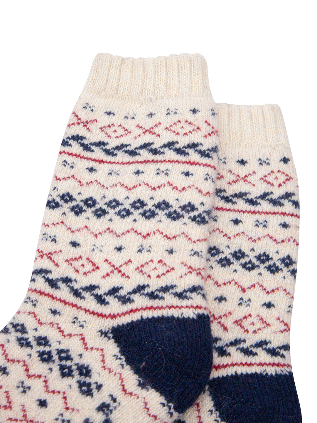 Fair-Isle-Patterned-Wool-Socks-in-Cream/Navy/Red-Close-Up