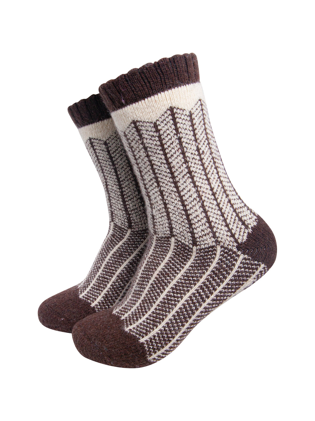 Herringbone-Patterned-Wool-Socks-in-Brown/Oat-On-Mannequin