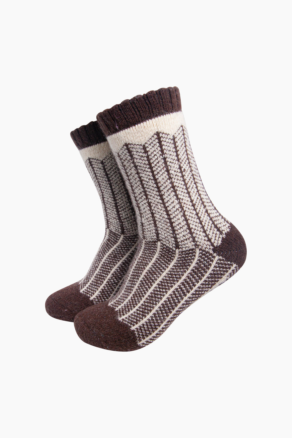 Herringbone-Patterned-Wool-Socks-in-Brown/Oat-On-Mannequin