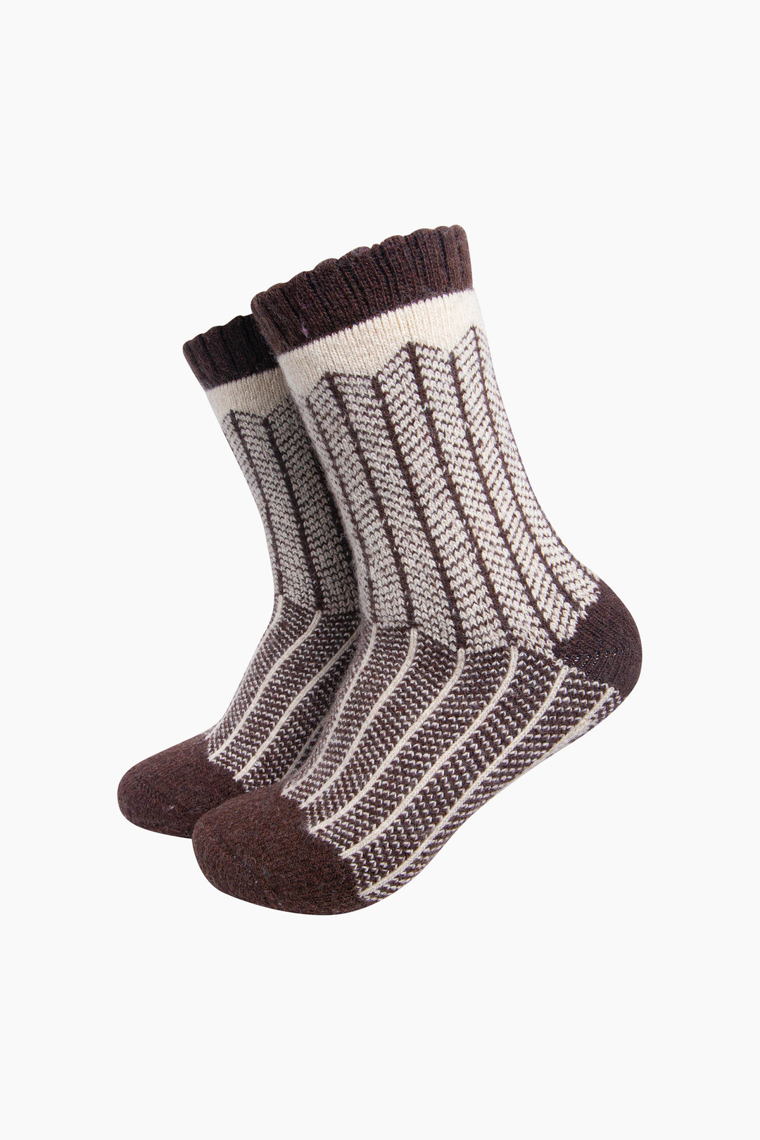Herringbone-Patterned-Wool-Socks-in-Brown/Oat-On-Mannequin