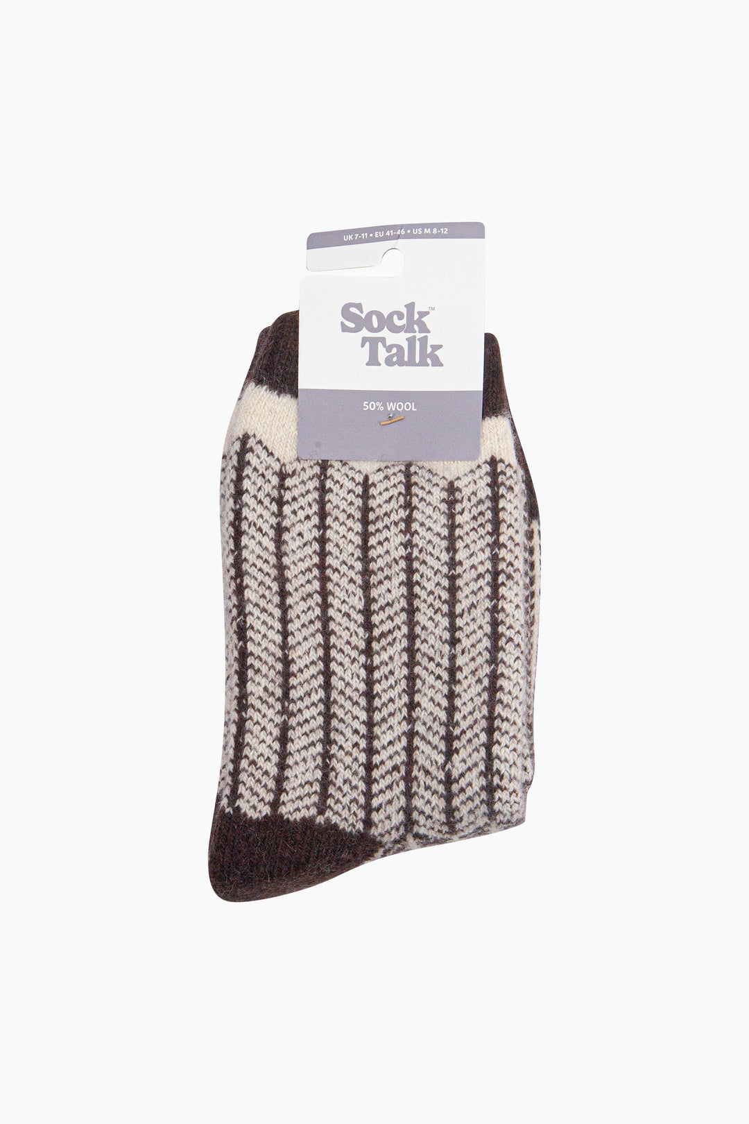 Herringbone-Patterned-Wool-Socks-in-Brown/Oat-In-Packaging