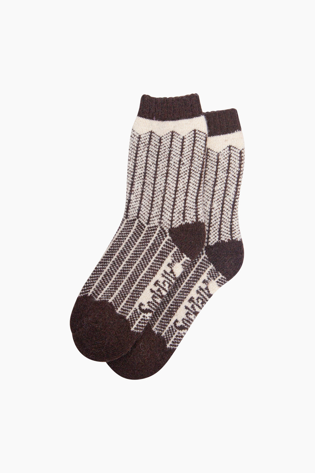 Herringbone-Patterned-Wool-Socks-in-Brown/Oat-Laid-Flat