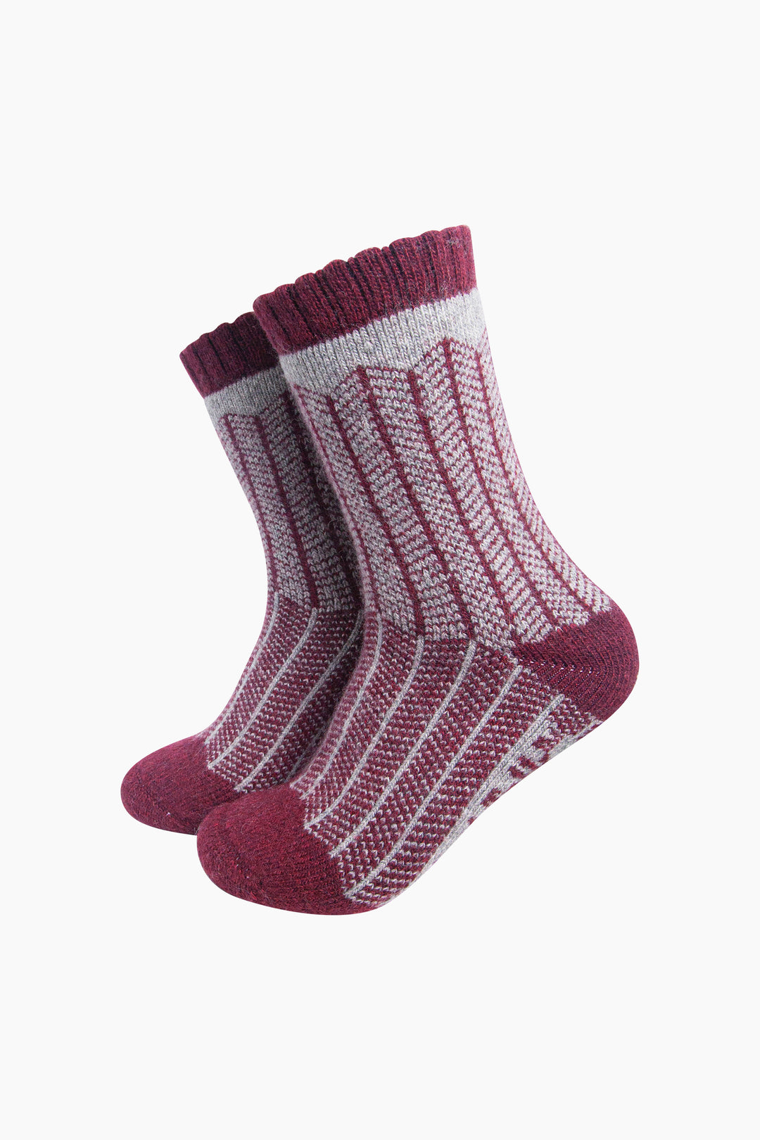 Herringbone-Patterned-Wool-Socks-in-Grey-Marl/Burgundy-On-Mannequin