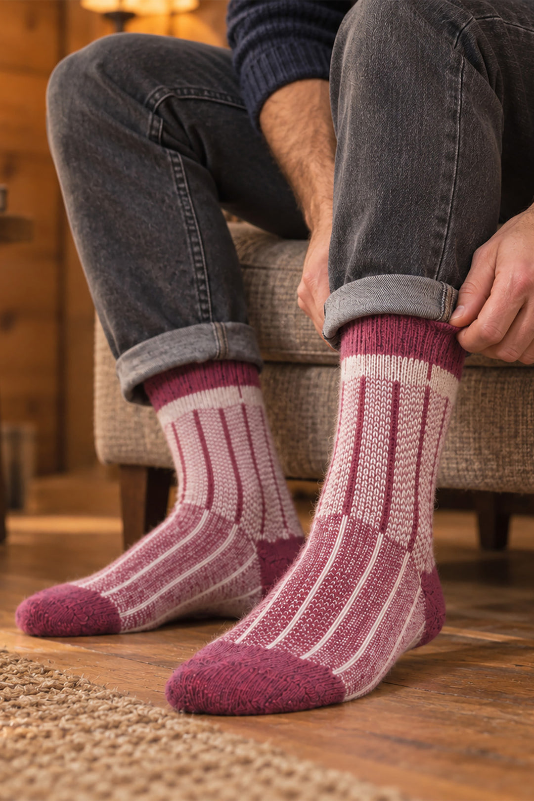 Herringbone-Patterned-Wool-Socks-in-Grey-Marl/Burgundy