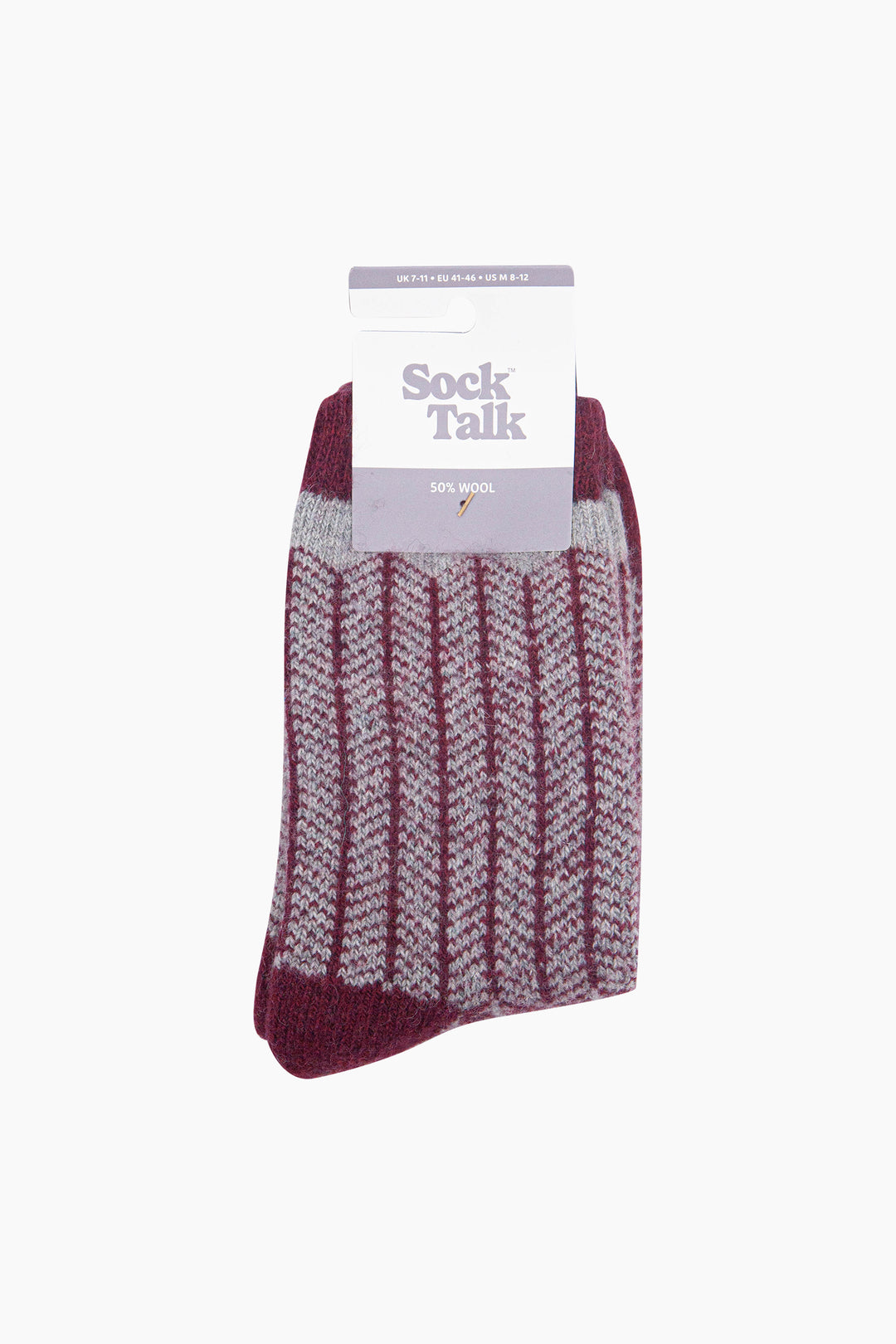 Herringbone-Patterned-Wool-Socks-in-Grey-Marl/Burgundy-In-Packaging