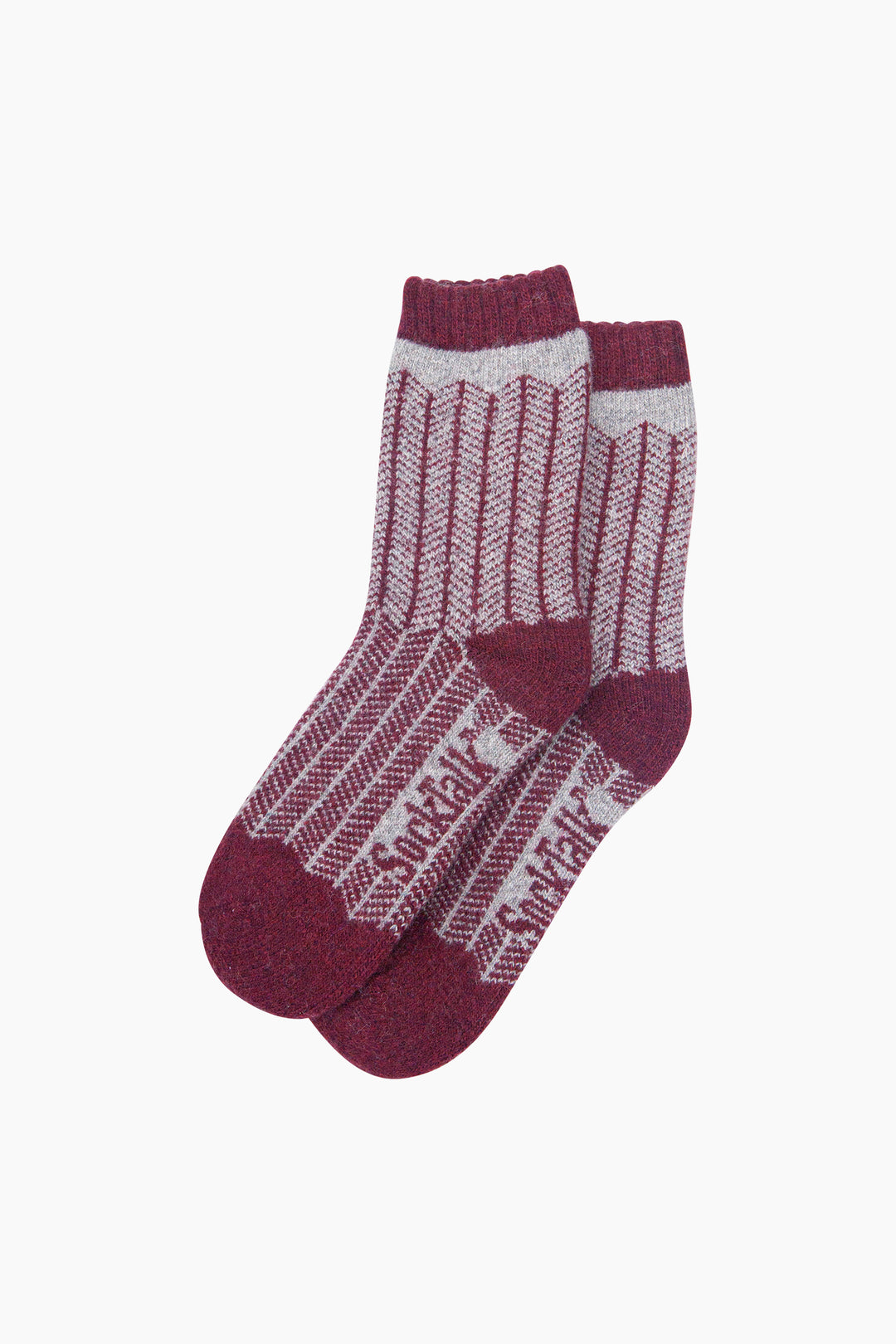 Herringbone-Patterned-Wool-Socks-in-Grey-Marl/Burgundy-Laid-Flat
