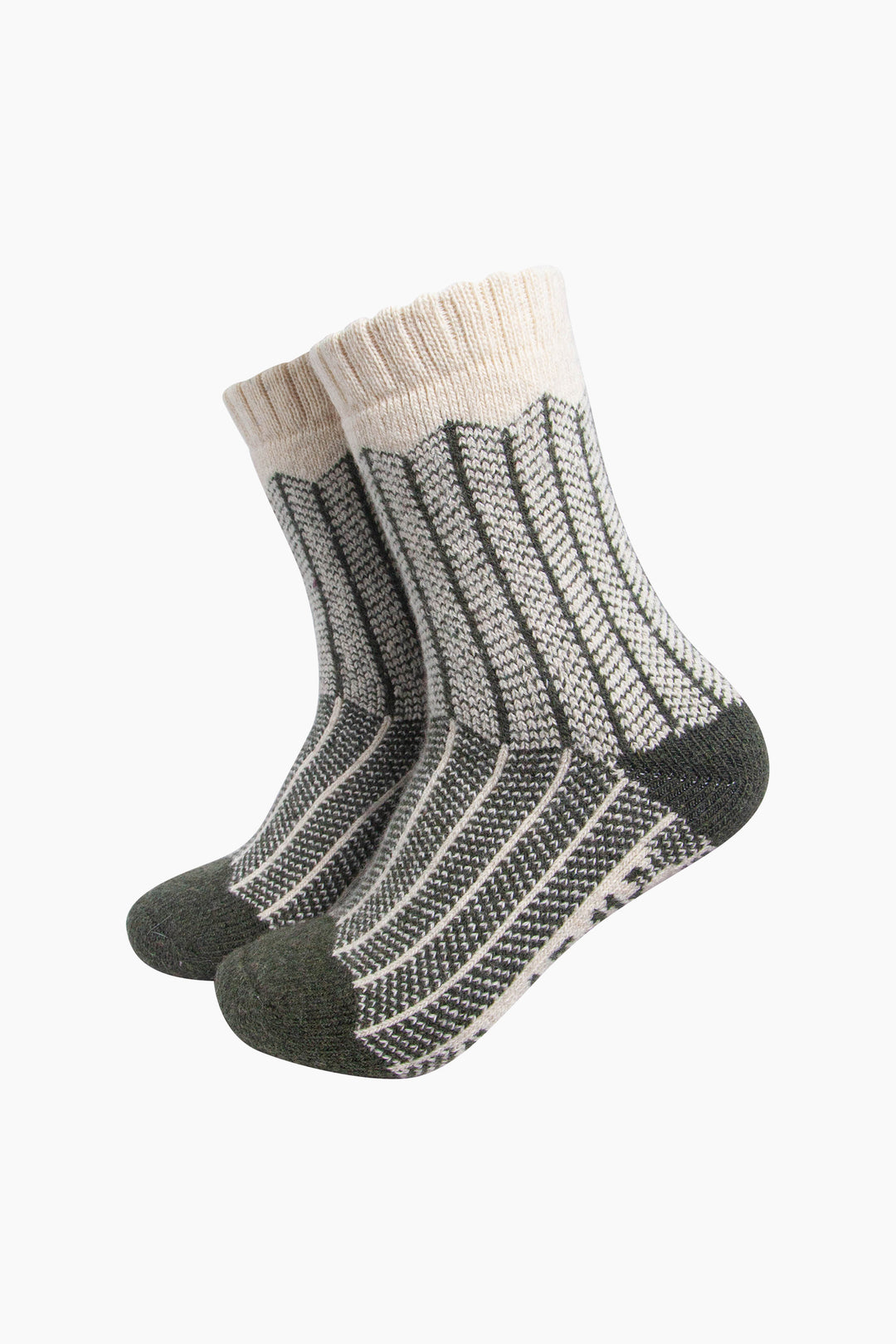 Herringbone-Patterned-Wool-Socks-in-Khaki-Green/Oat-On-Mannequin