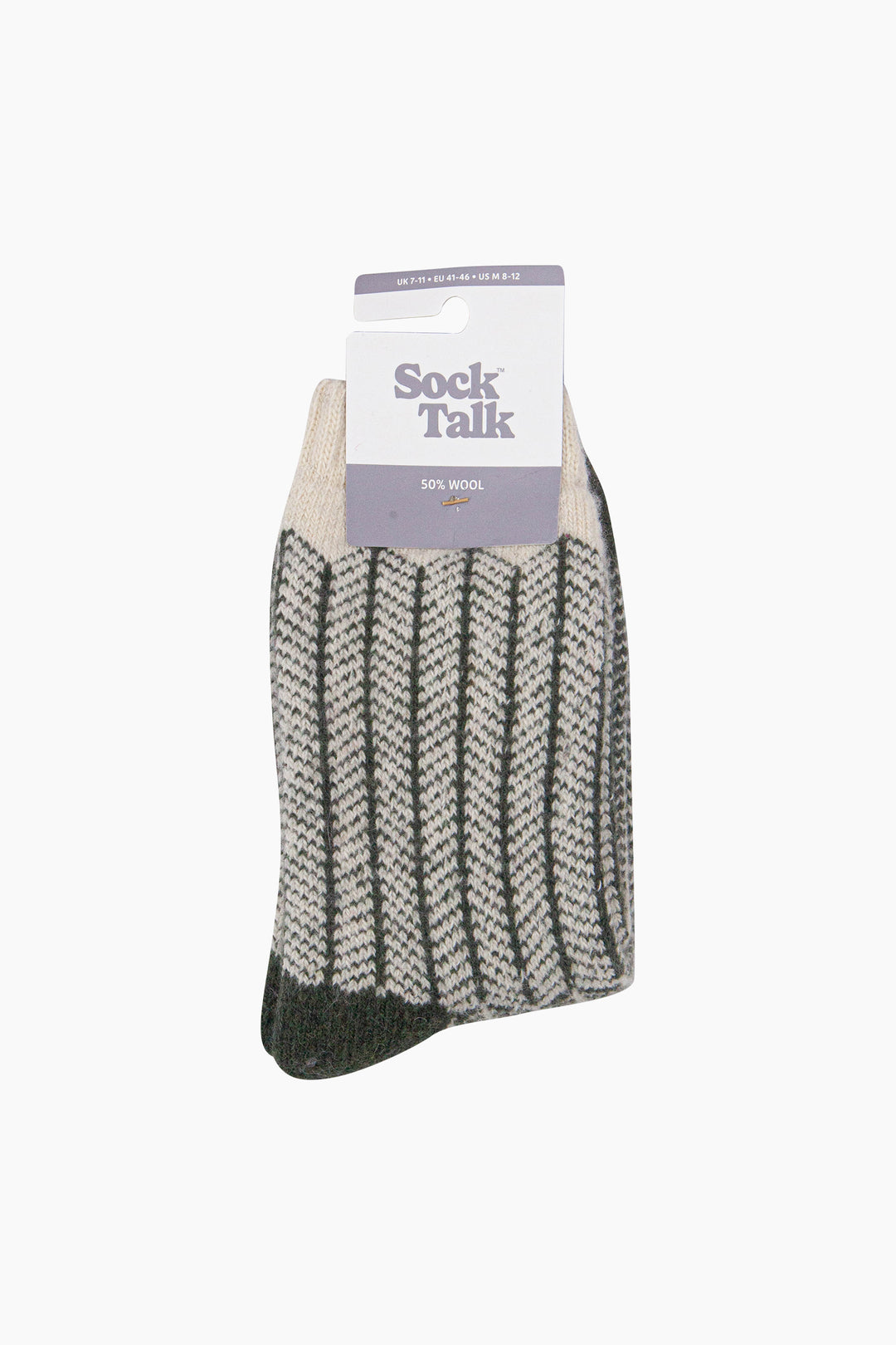 Herringbone-Patterned-Wool-Socks-in-Khaki-Green/Oat-In-Packaging