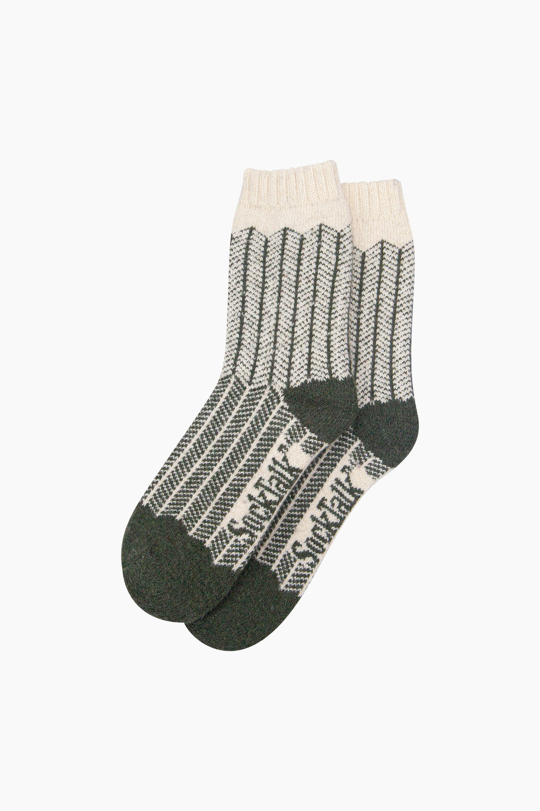 Herringbone-Patterned-Wool-Socks-in-Khaki-Green/Oat-Laid-Flat