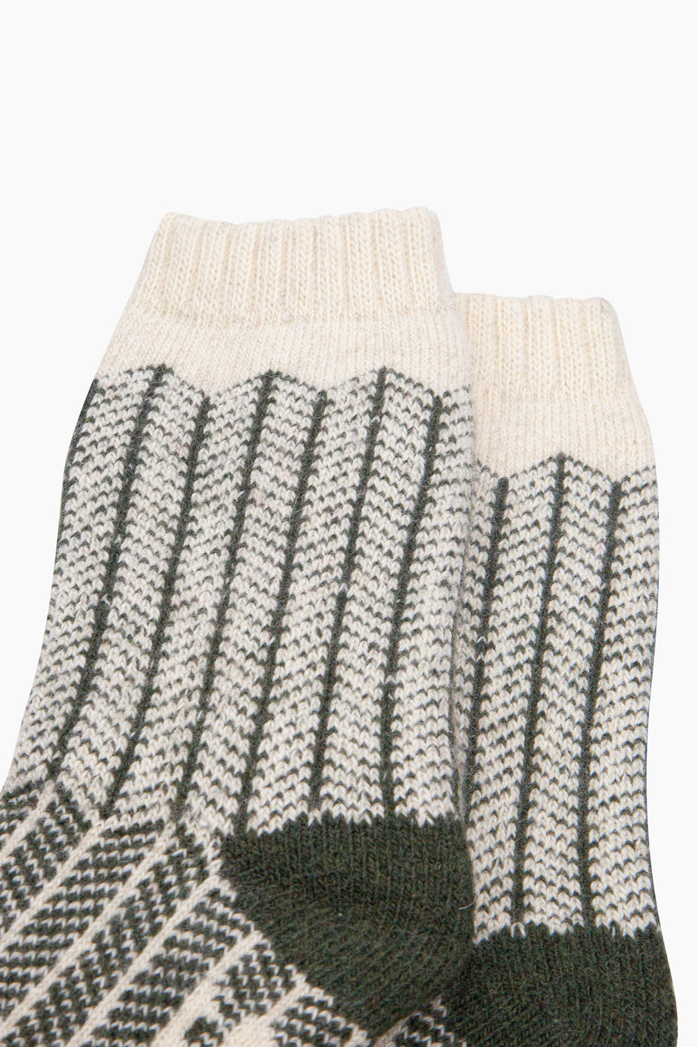 Herringbone-Patterned-Wool-Socks-in-Khaki-Green/Oat-Close-Up-Close-Up