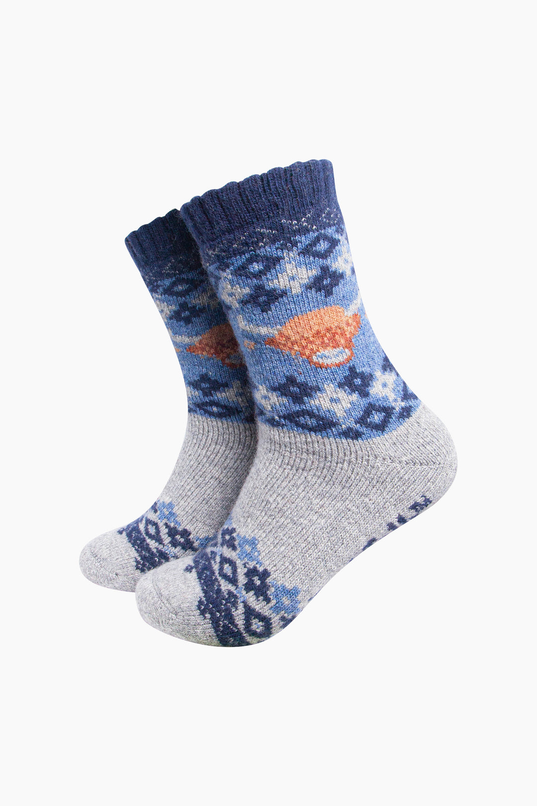 Highland-Cow-Patterned-Wool-Socks-in-Denim-Blue-On-Mannequin