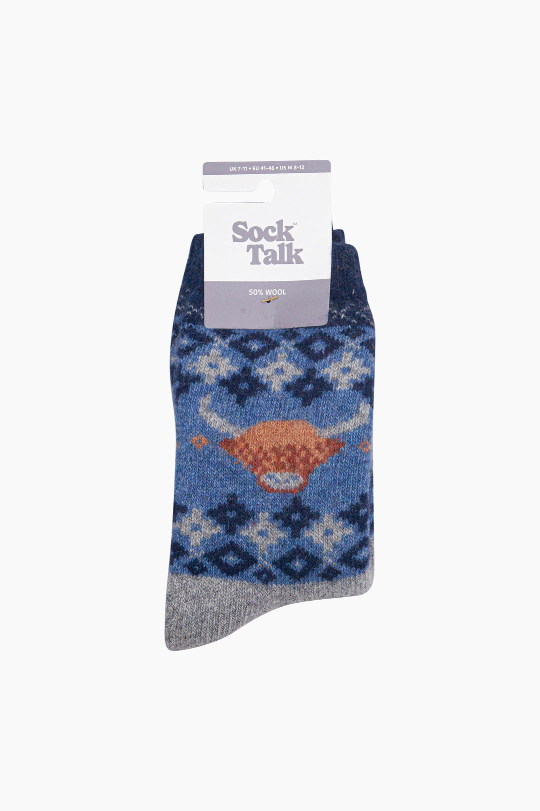 Highland-Cow-Patterned-Wool-Socks-in-Denim-Blue-In-Packaging