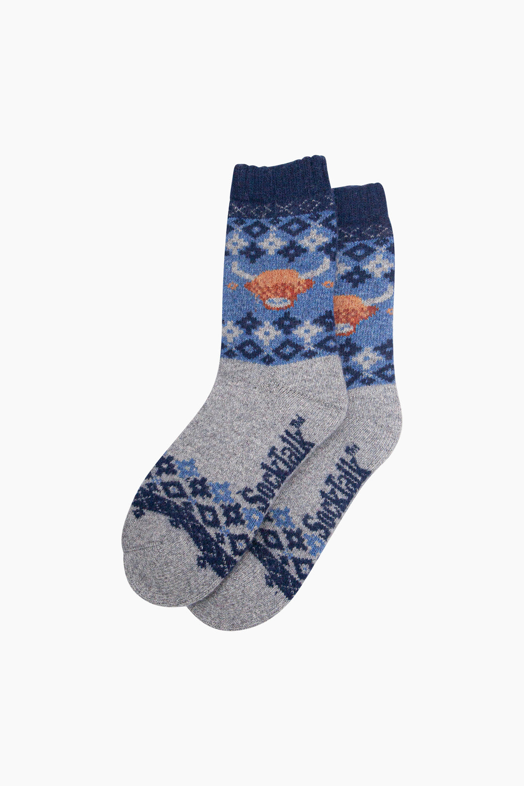 Highland-Cow-Patterned-Wool-Socks-in-Denim-Blue-Laid-Flat