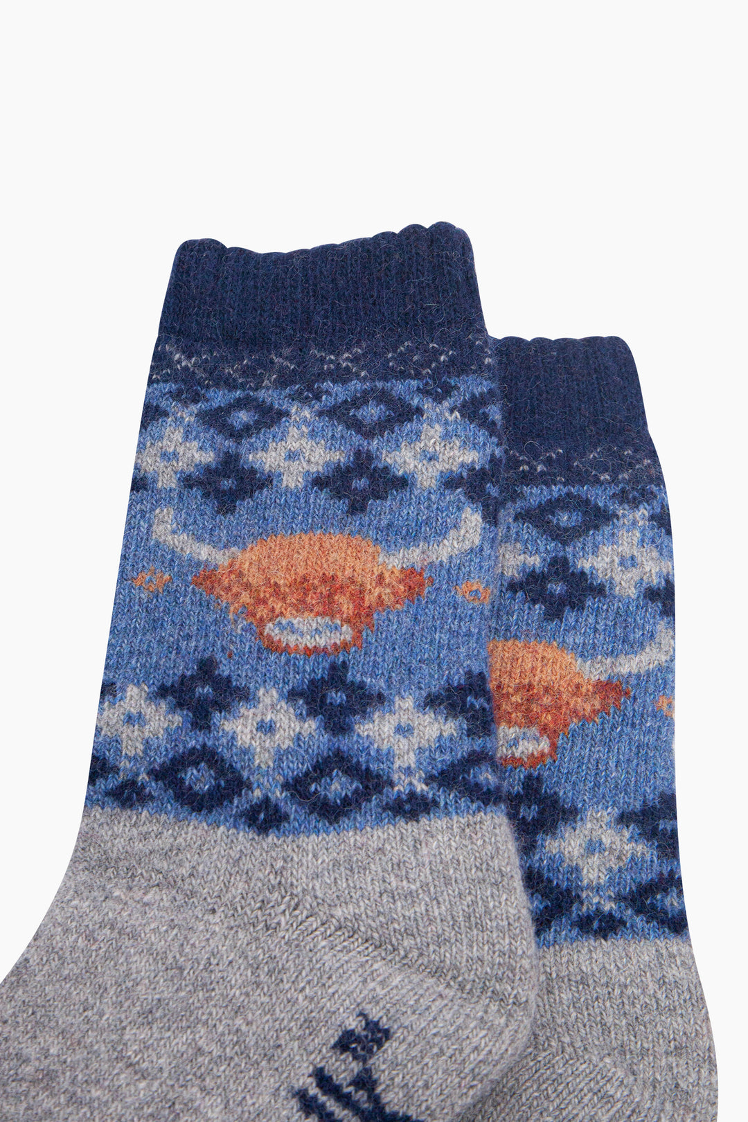 Highland-Cow-Patterned-Wool-Socks-in-Denim-Blue-Close-Up
