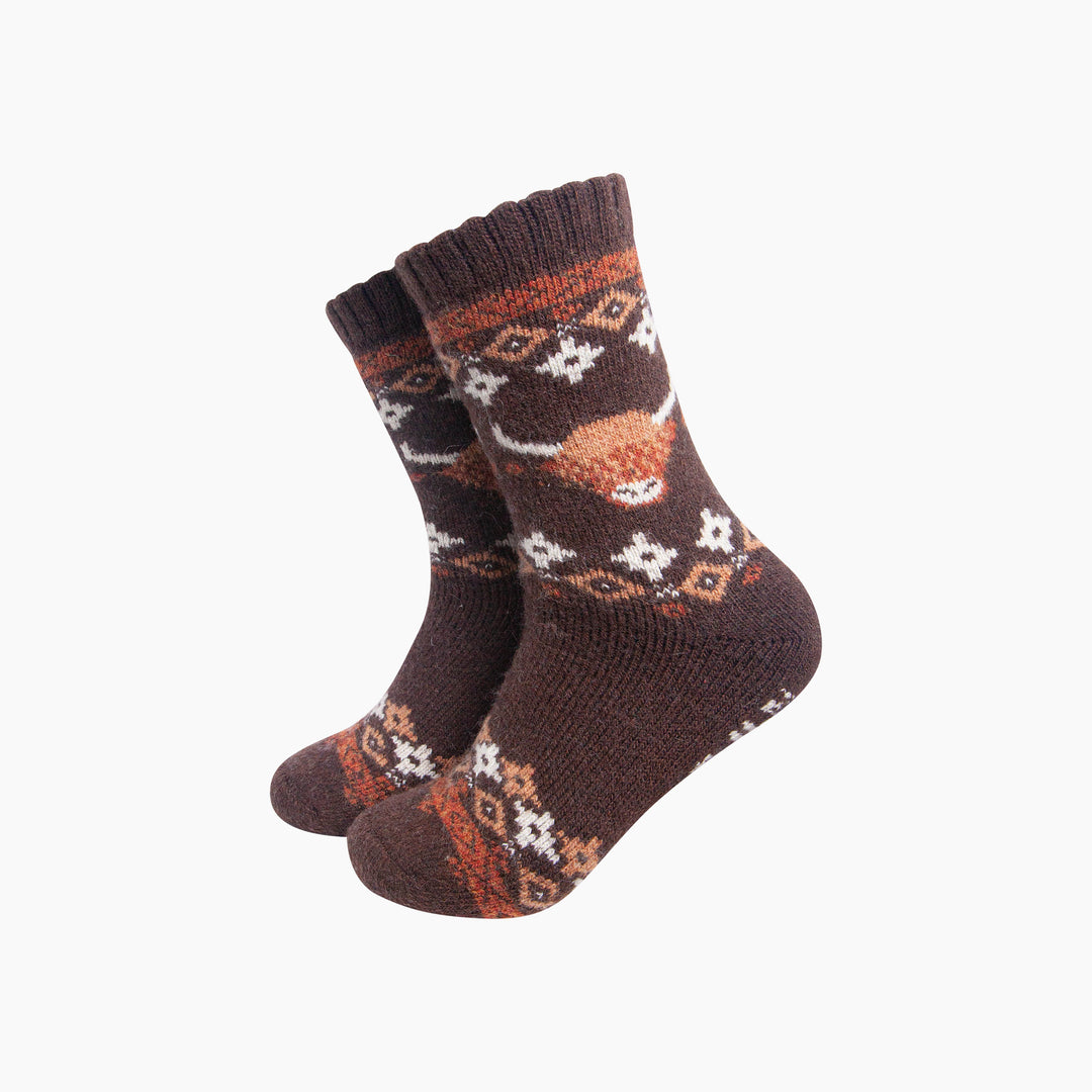Highland-Cow-Patterned-Wool-Socks-in-Brown-On-Mannequin