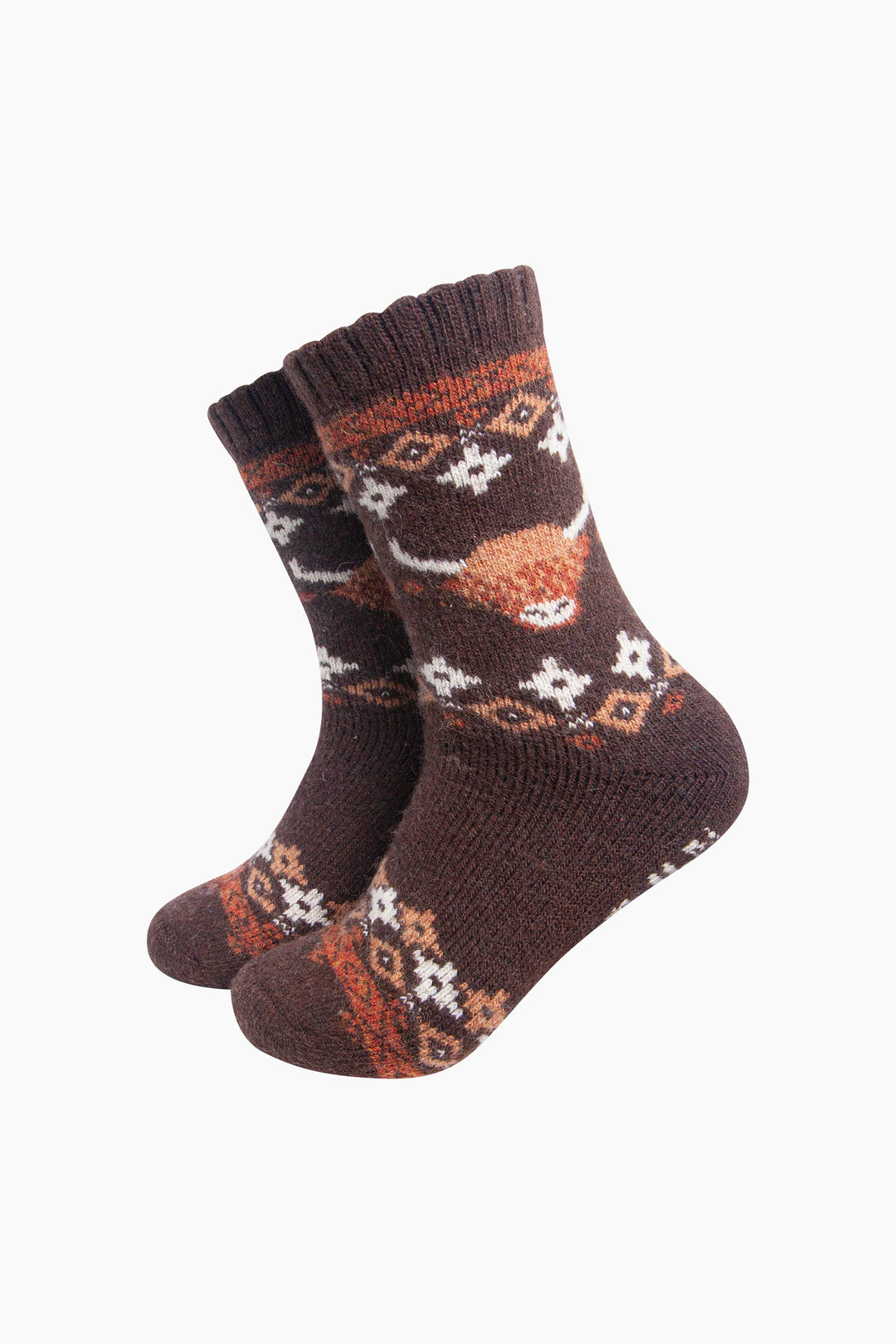 Highland-Cow-Patterned-Wool-Socks-in-Brown-On-Mannequin