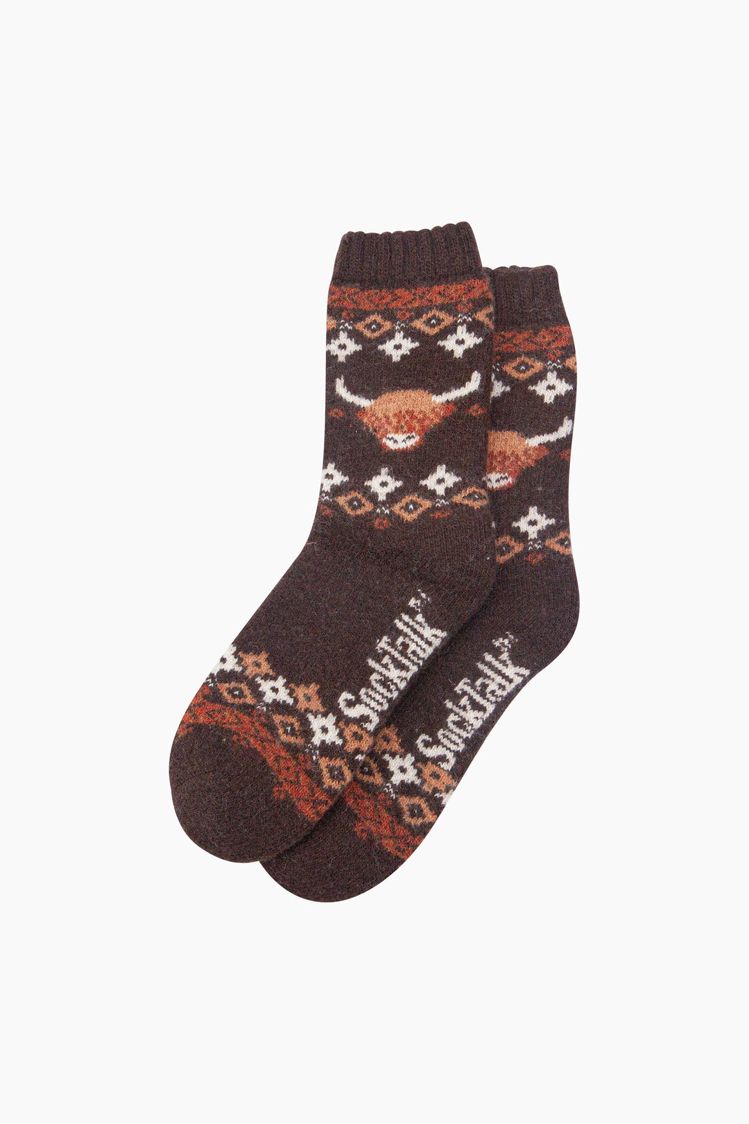 Highland-Cow-Patterned-Wool-Socks-in-Brown-Laid-Flat