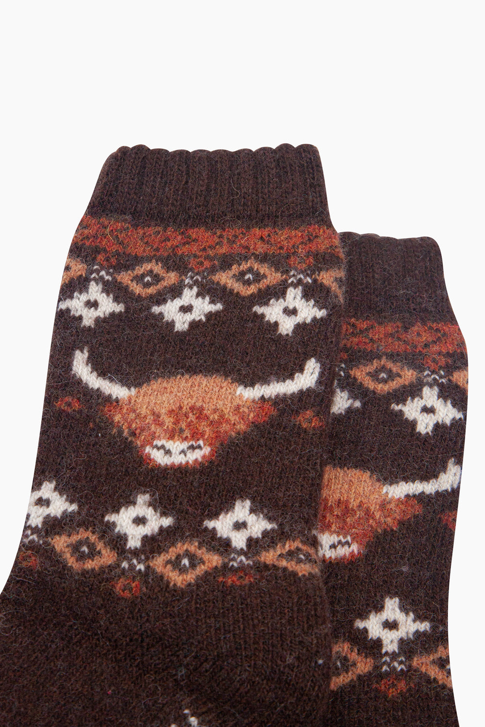 Highland-Cow-Patterned-Wool-Socks-in-Brown-Close-Up