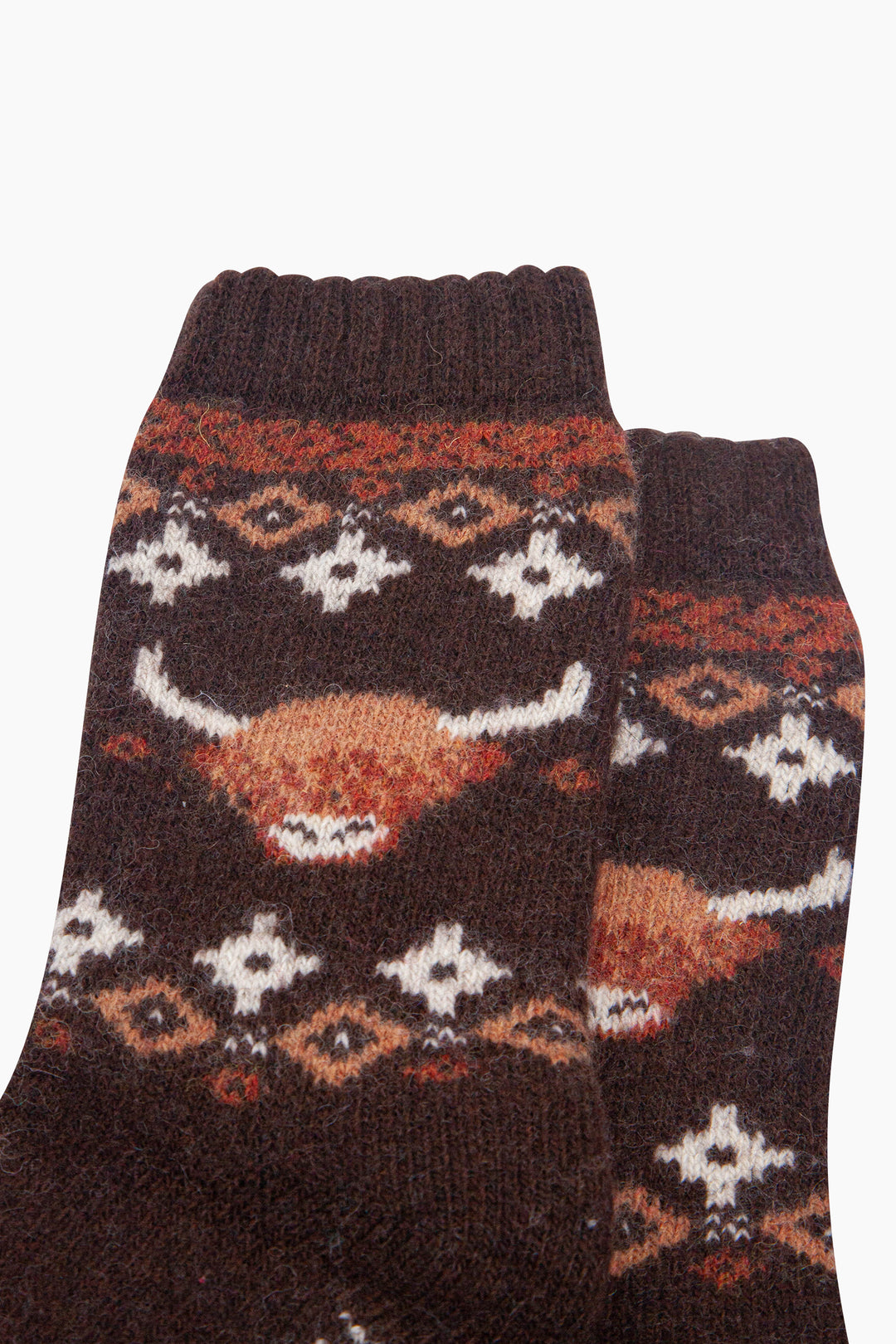 Highland-Cow-Patterned-Wool-Socks-in-Brown-Close-Up