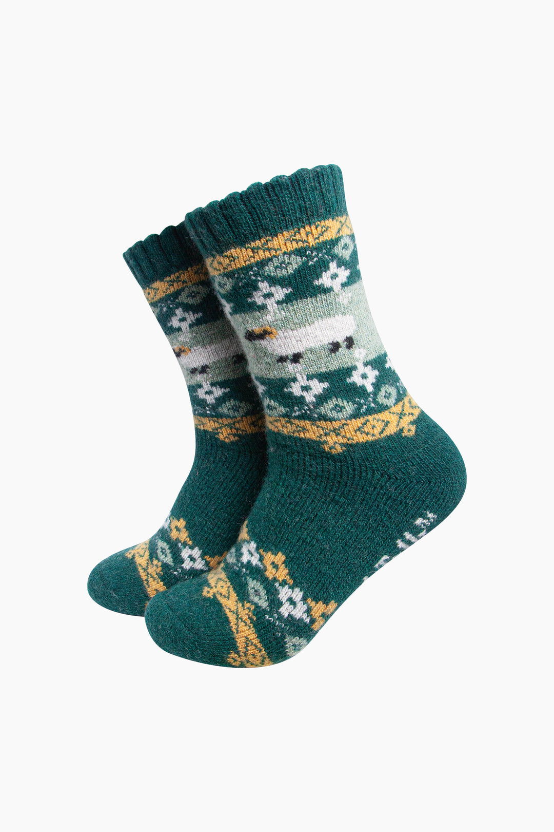 Sheep-Patterned-Wool-Socks-in-Green-On-Mannequin