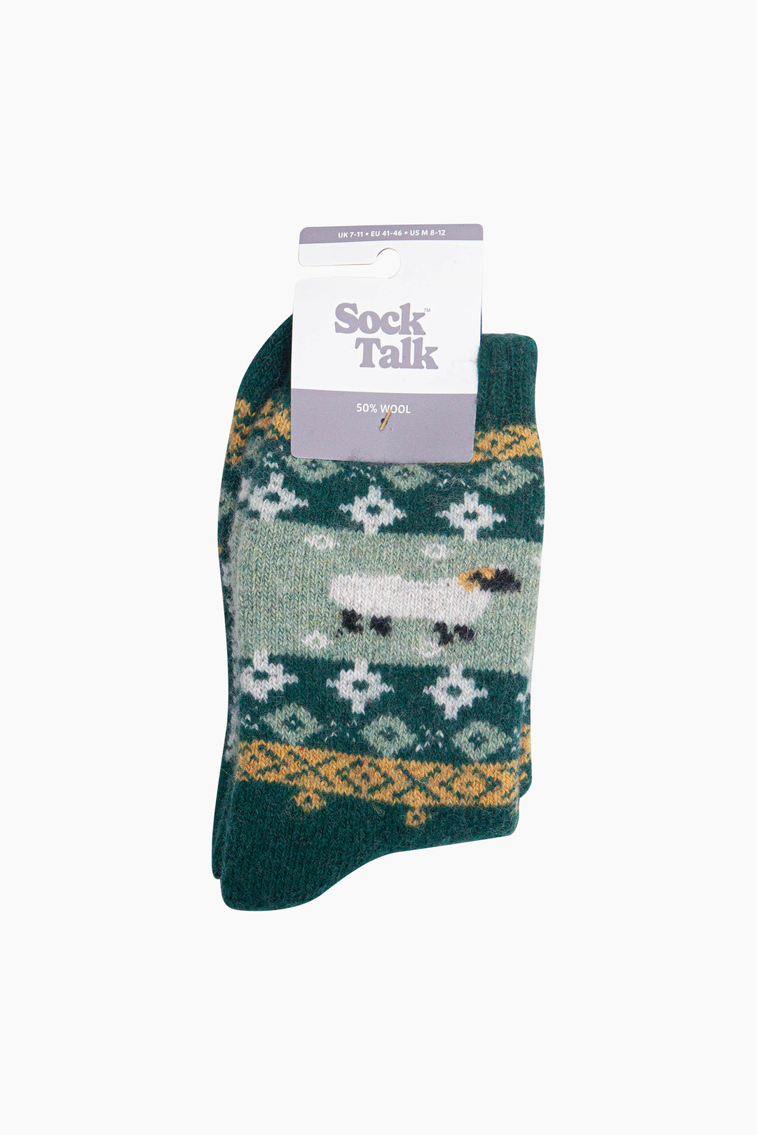 Sheep-Patterned-Wool-Socks-in-Green-In-Packaging