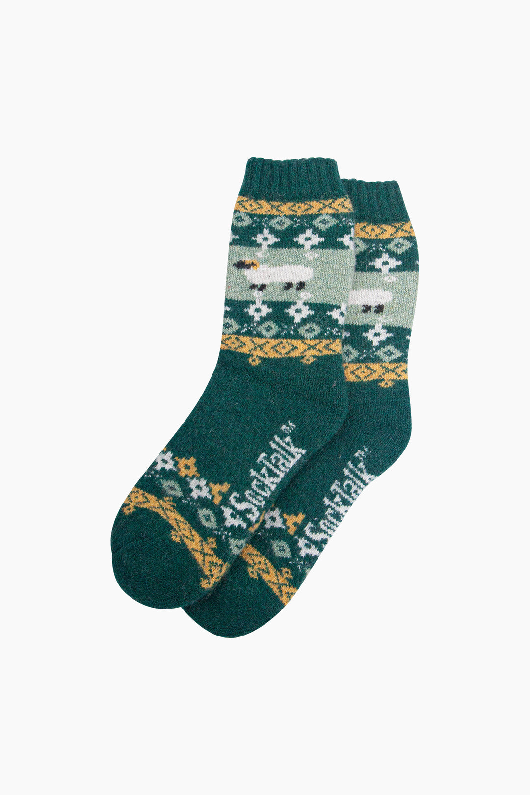 Sheep-Patterned-Wool-Socks-in-Green-Laid-Flat