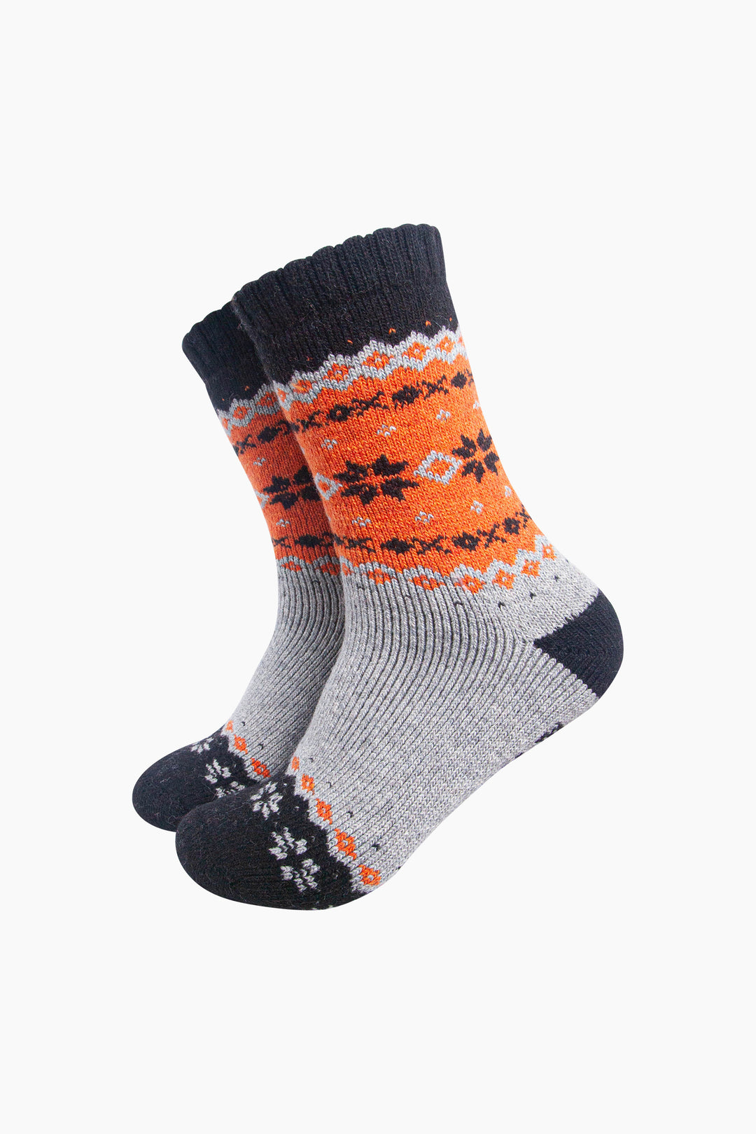 Nordic-Snowflake-Patterned-Wool-Socks-in-Grey-Marl/Orange-On-Mannequin