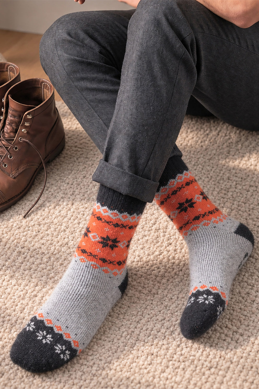 Nordic-Snowflake-Patterned-Wool-Socks-in-Grey-Marl/Orange