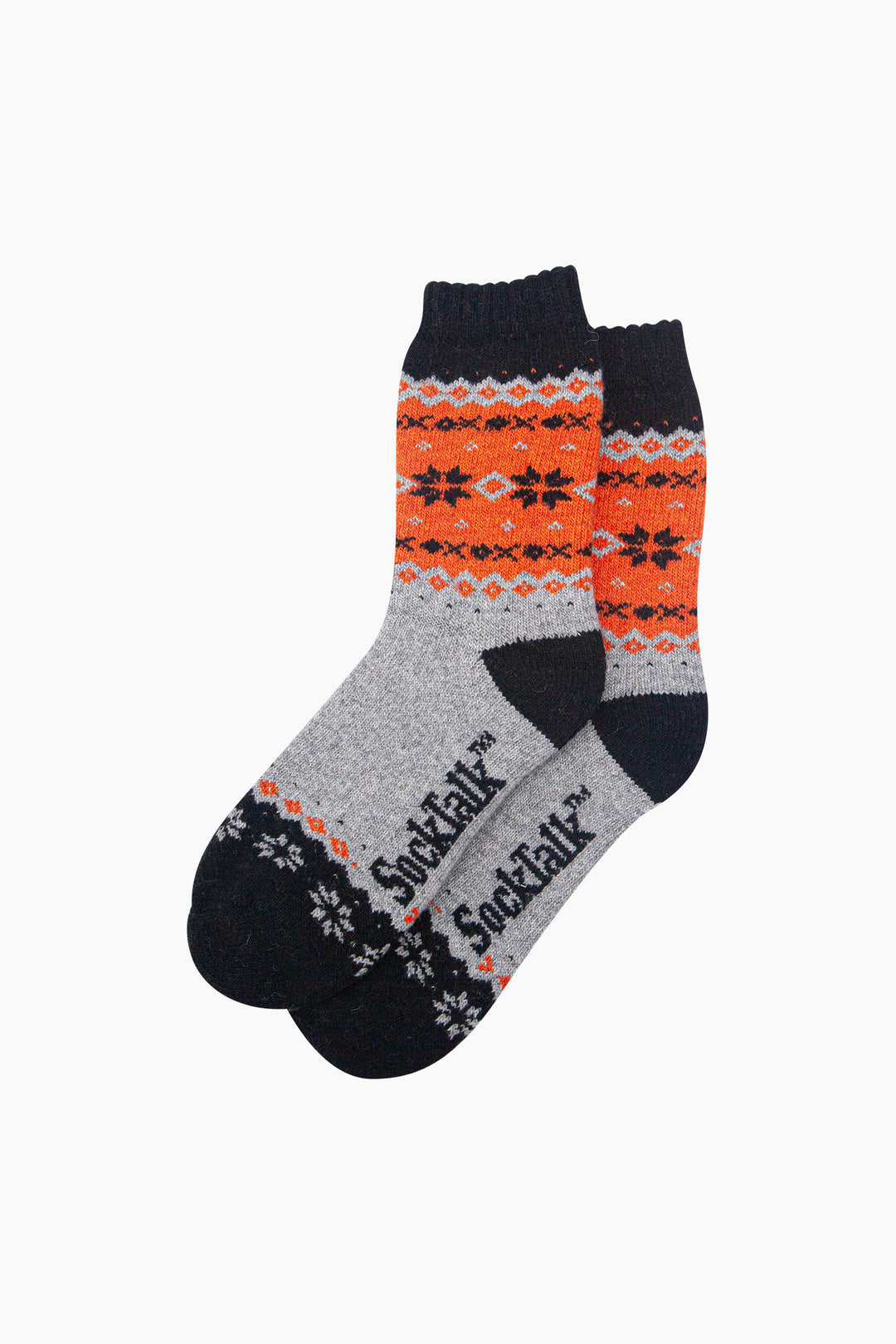 Nordic-Snowflake-Patterned-Wool-Socks-in-Grey-Marl/Orange-Laid-Flat
