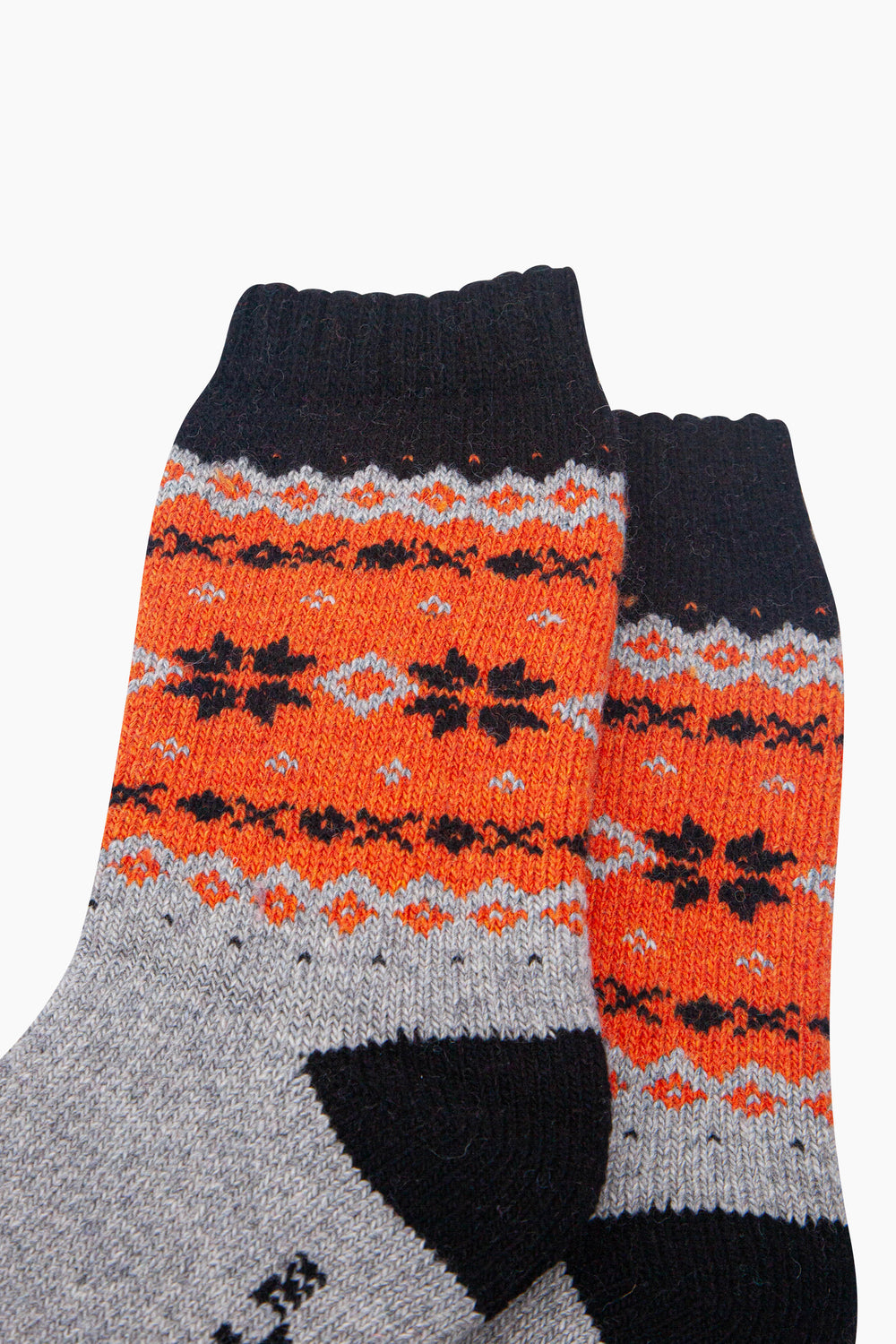 Nordic-Snowflake-Patterned-Wool-Socks-in-Grey-Marl/Orange-Close-Up