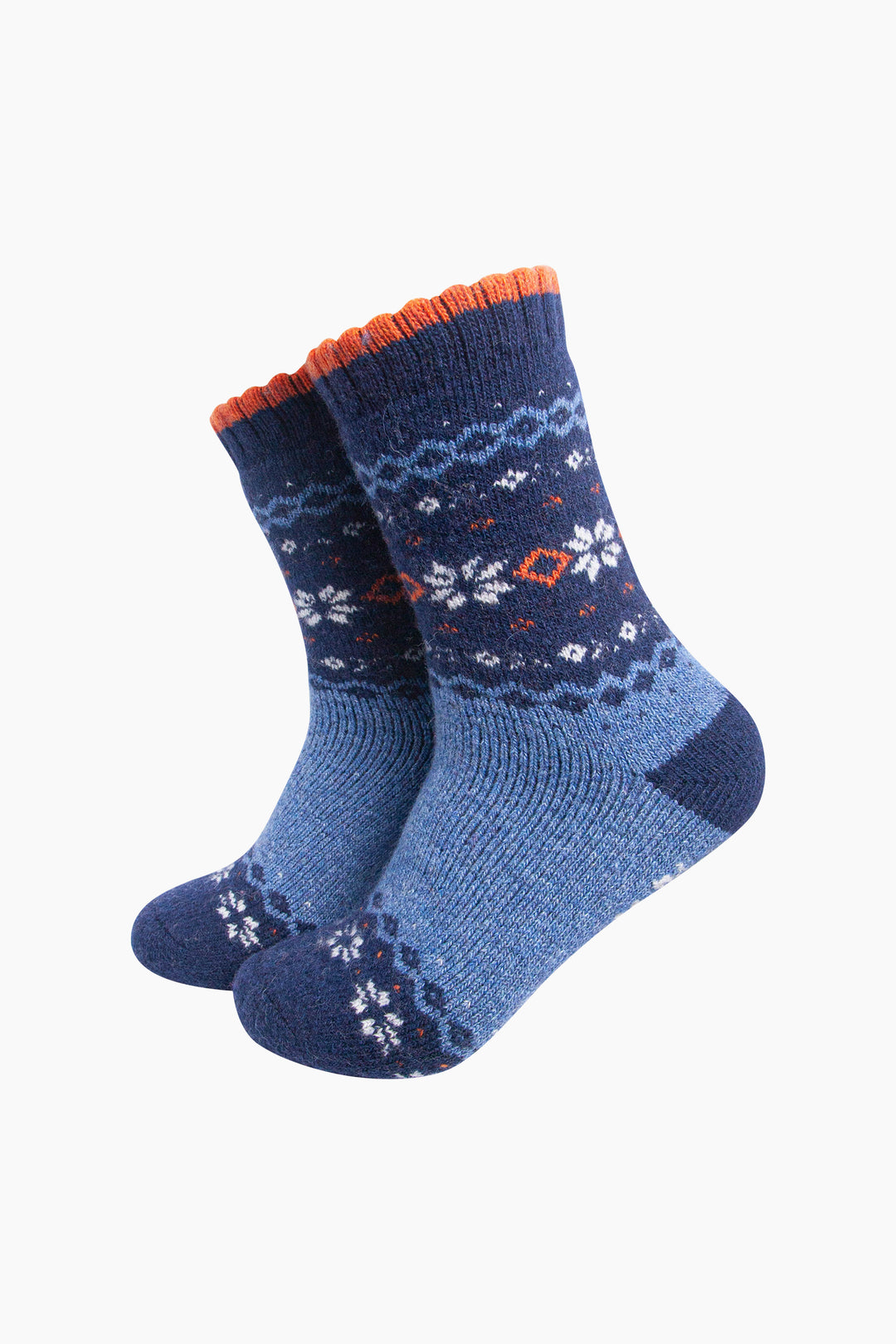 Nordic-Snowflake-Patterned-Wool-Socks-in-Denim/Navy-Blue-On-Mannequin
