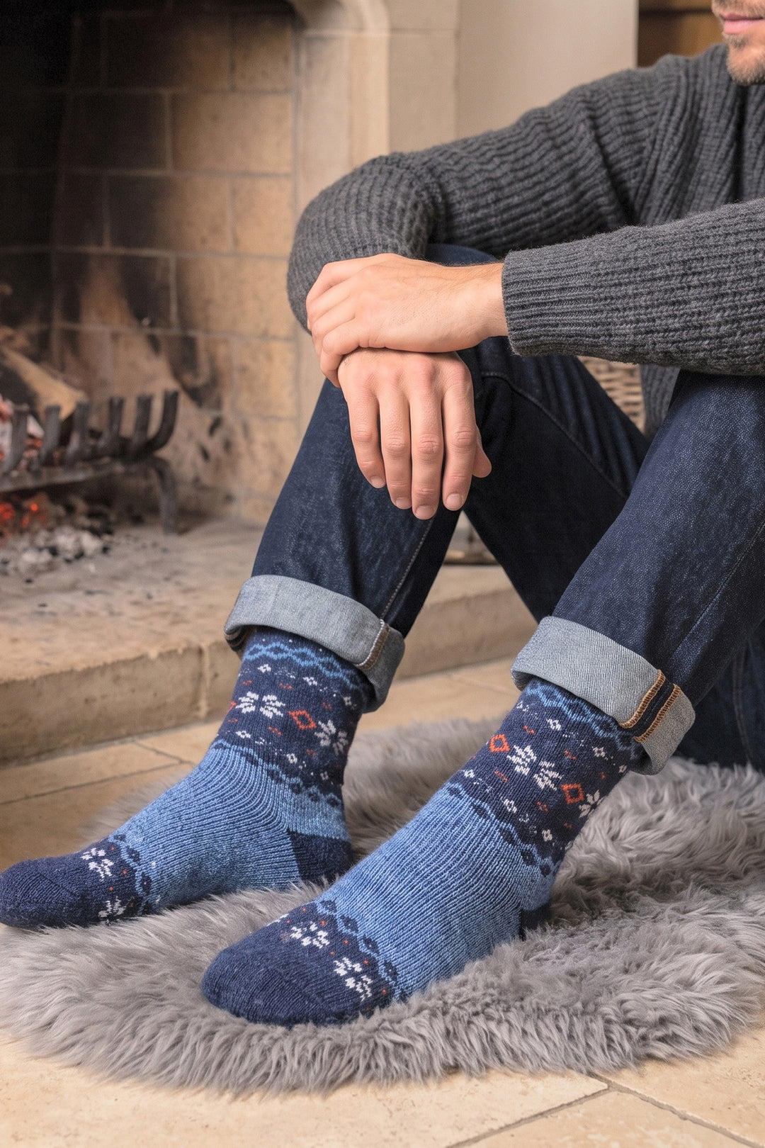 Nordic-Snowflake-Patterned-Wool-Socks-in-Denim/Navy-Blue