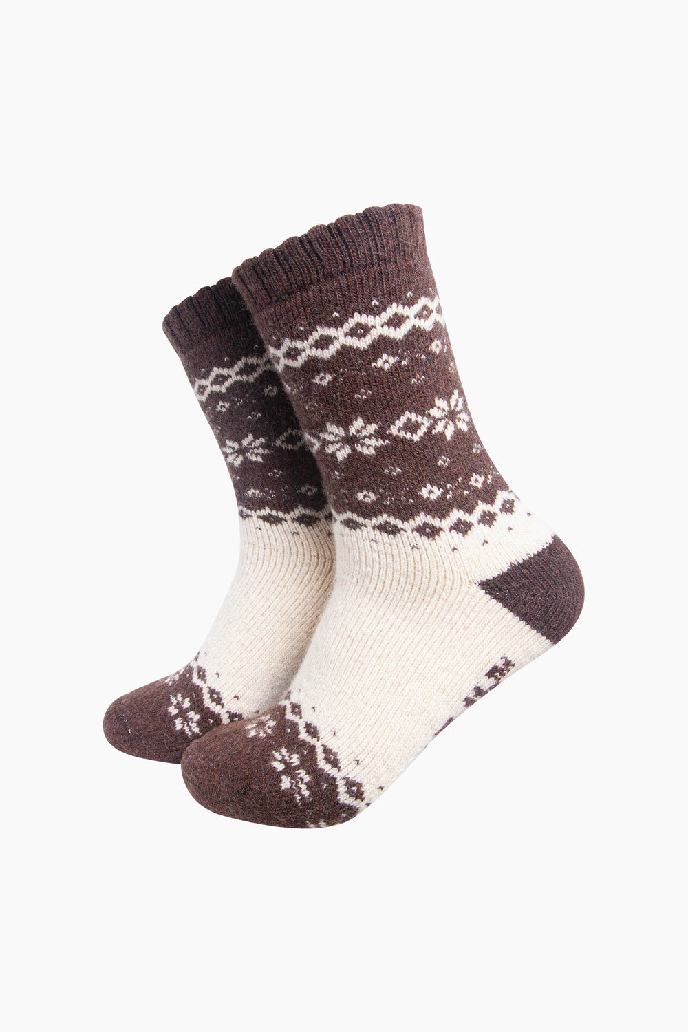 Nordic-Snowflake-Patterned-Wool-Socks-in-Brown/Oat-On-Mannequin