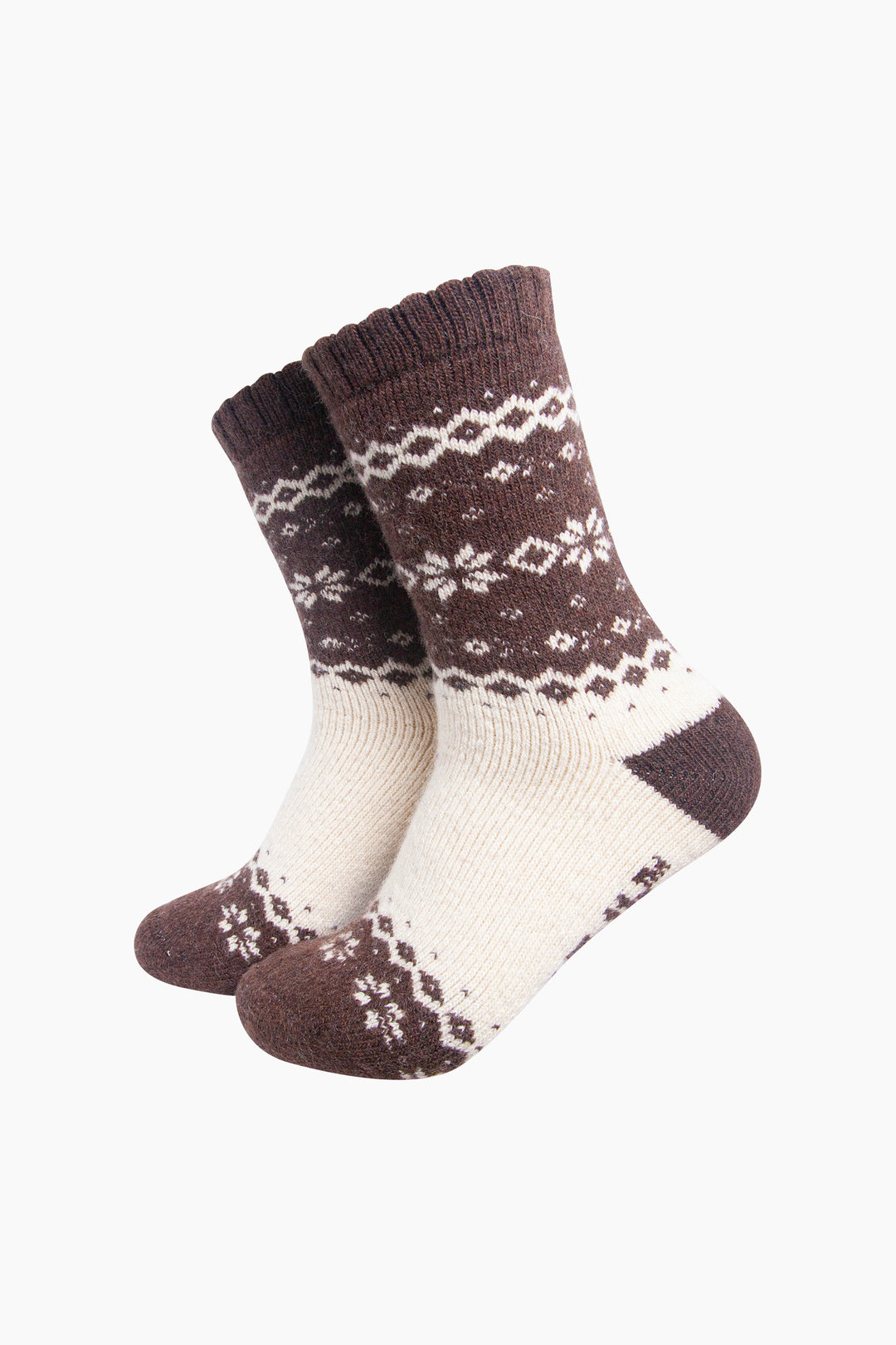 Nordic-Snowflake-Patterned-Wool-Socks-in-Brown/Oat-On-Mannequin
