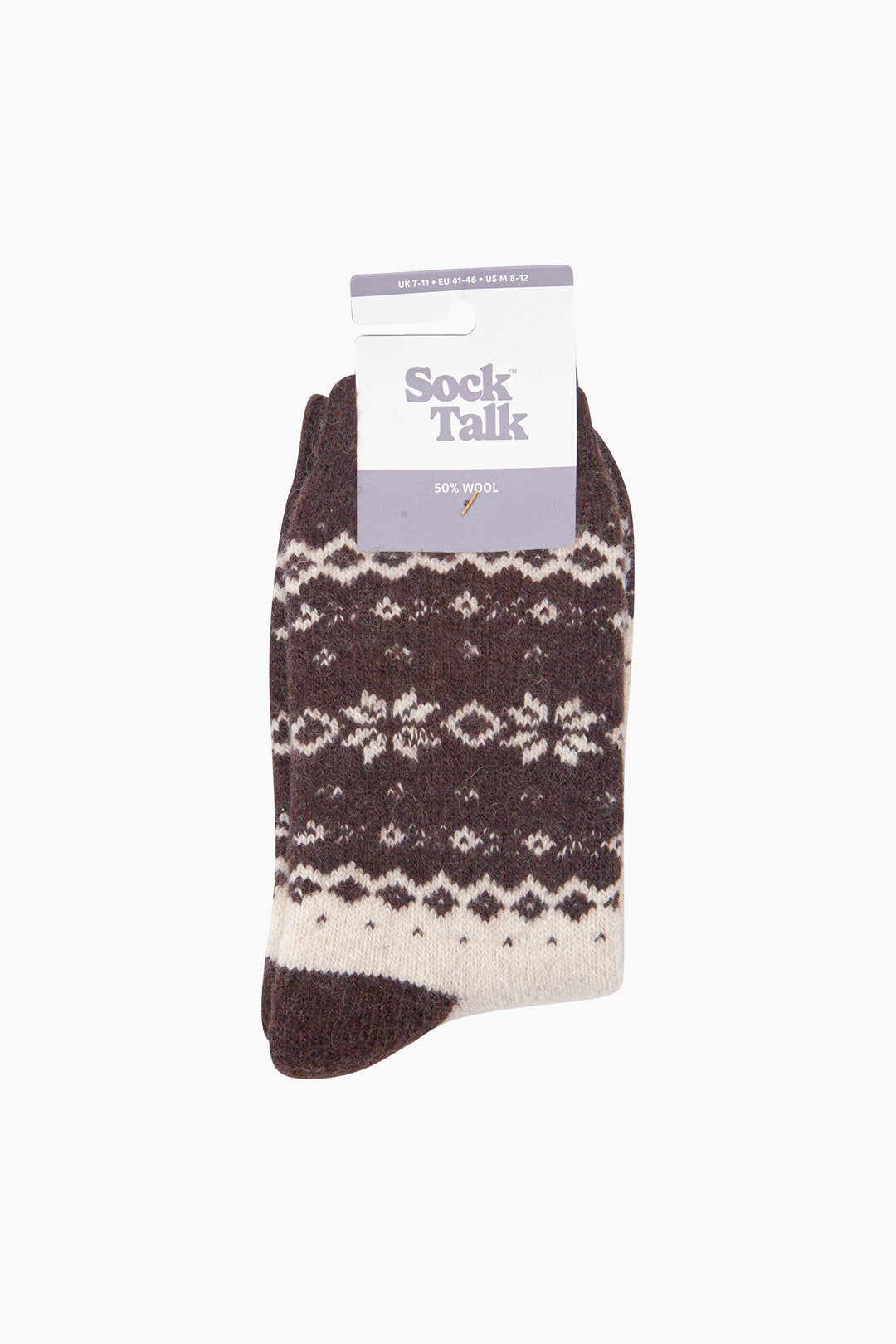 Nordic-Snowflake-Patterned-Wool-Socks-in-Brown/Oat-In-Packaging