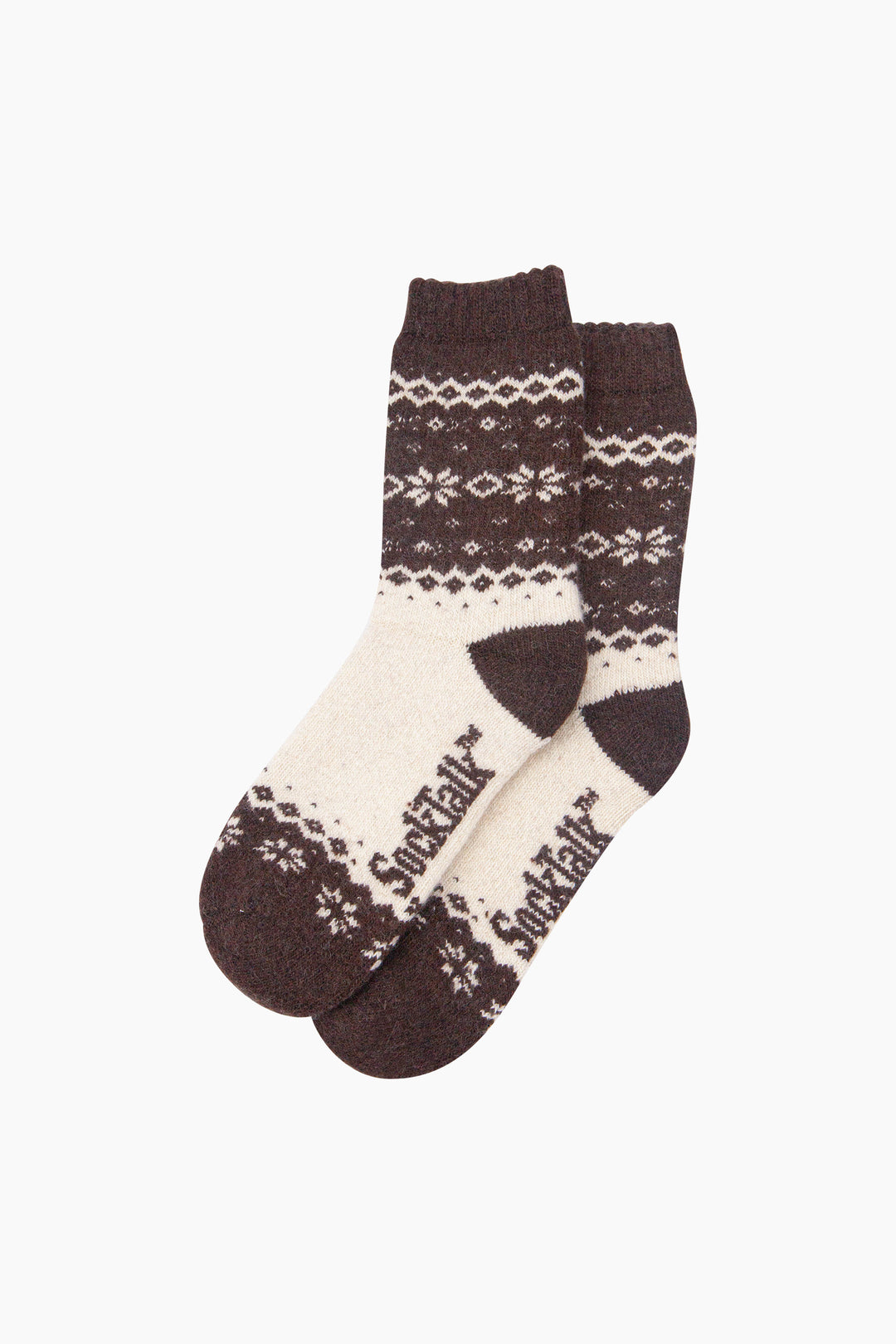 Nordic-Snowflake-Patterned-Wool-Socks-in-Brown/Oat-Laid-Flat